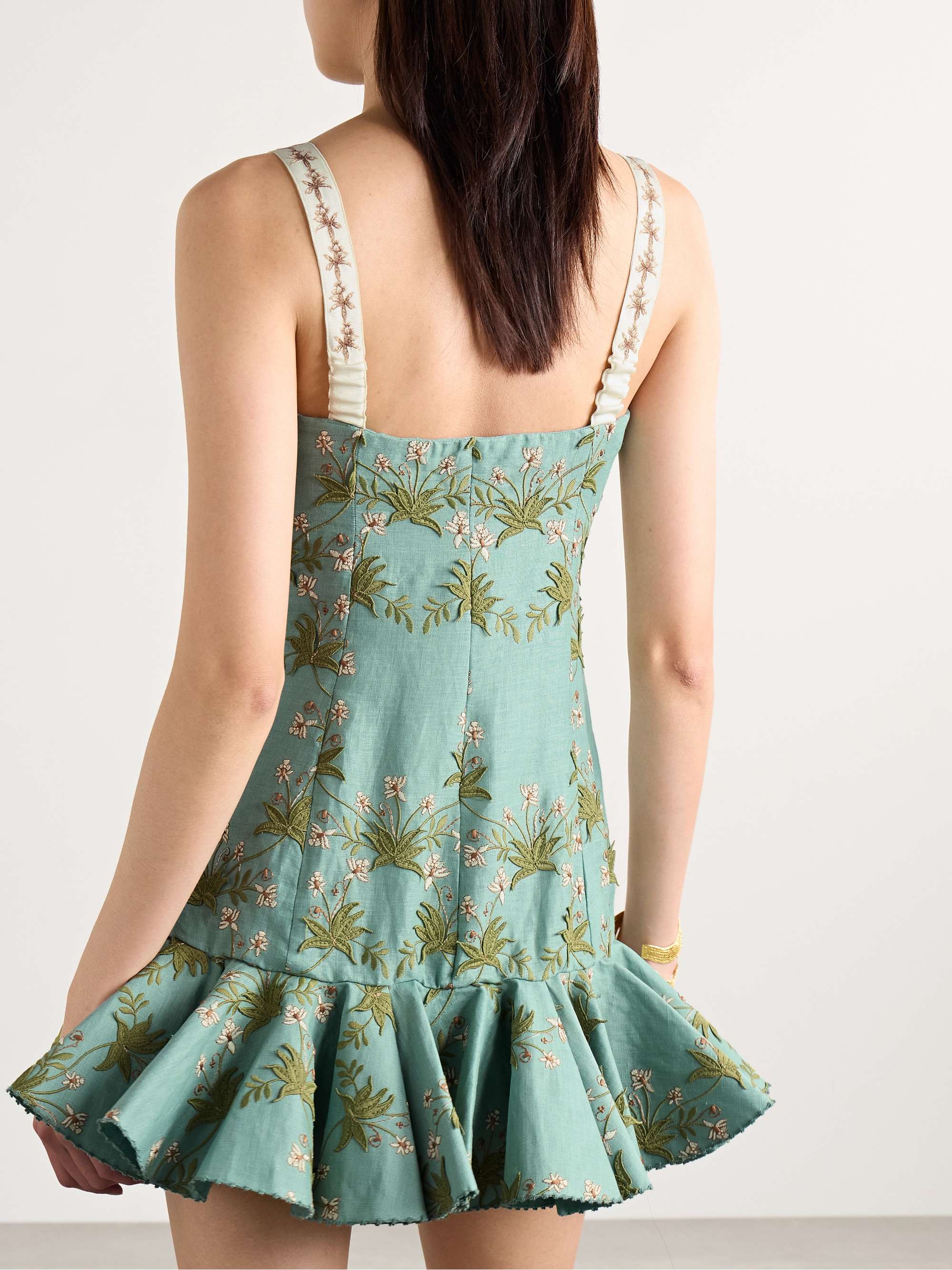 Tumbao Orquidea ruffled appliquéd embroidered linen mini dress view