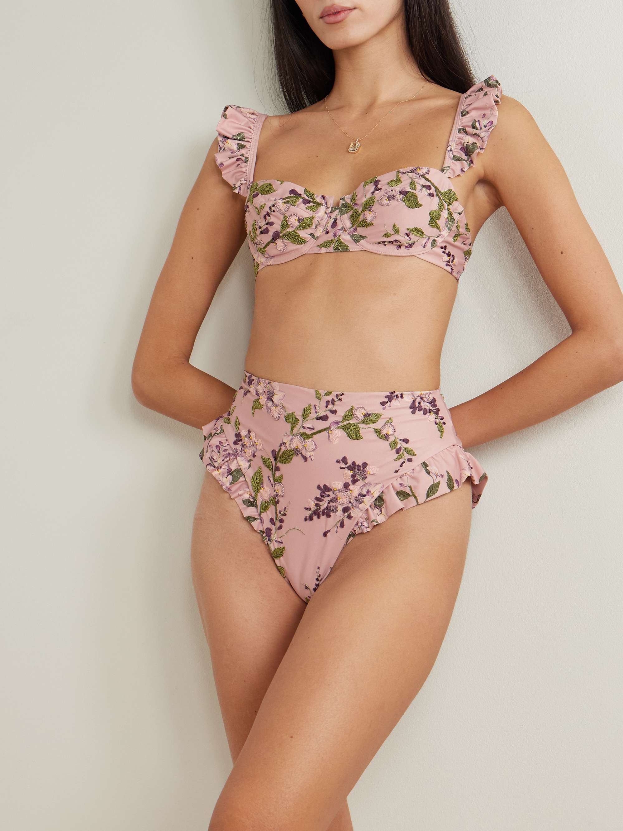 Kiwi Wisteria ruffled embroidered floral-print underwired recycled bikini top view