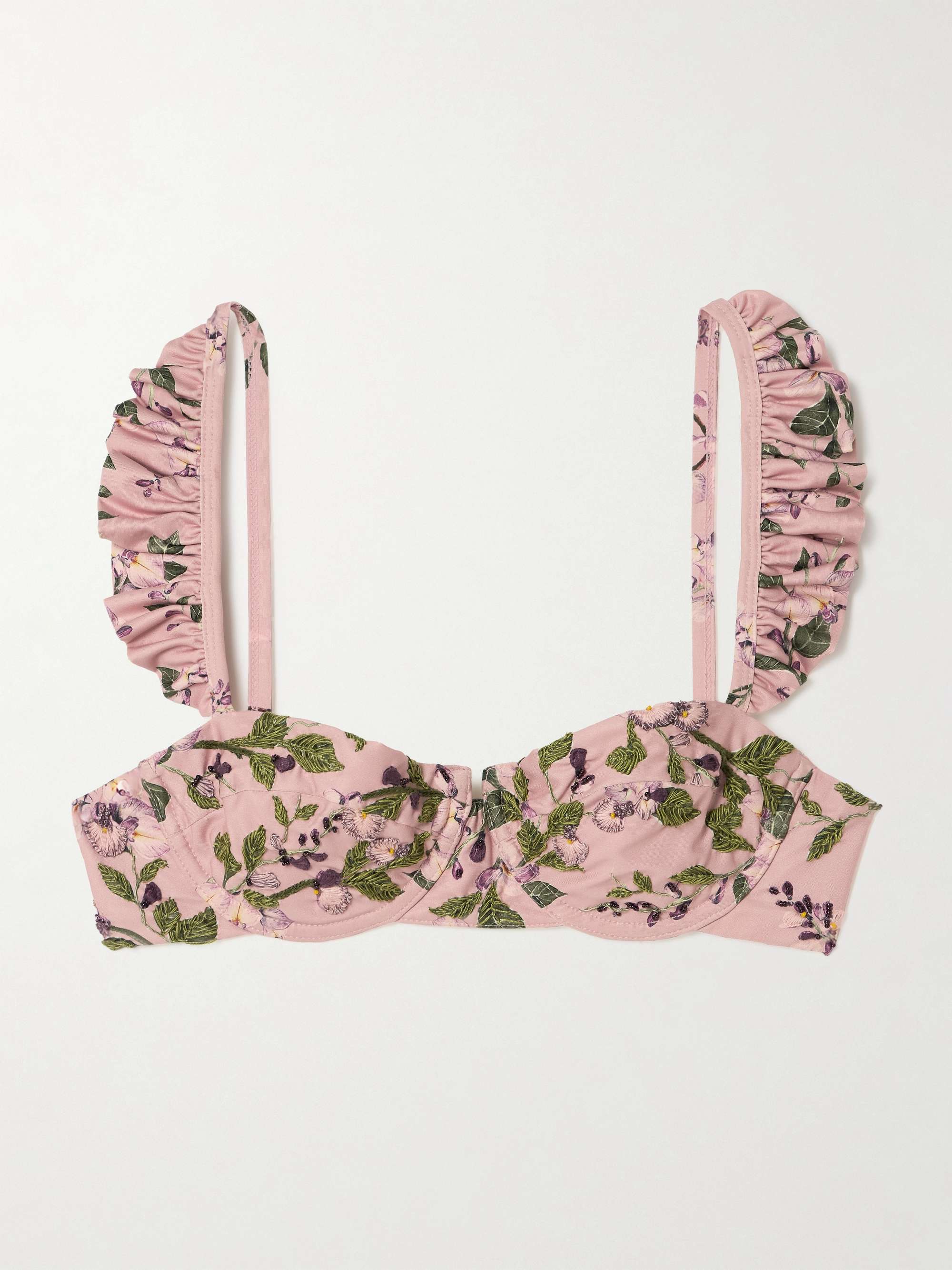 Kiwi Wisteria ruffled embroidered floral-print underwired recycled bikini top view