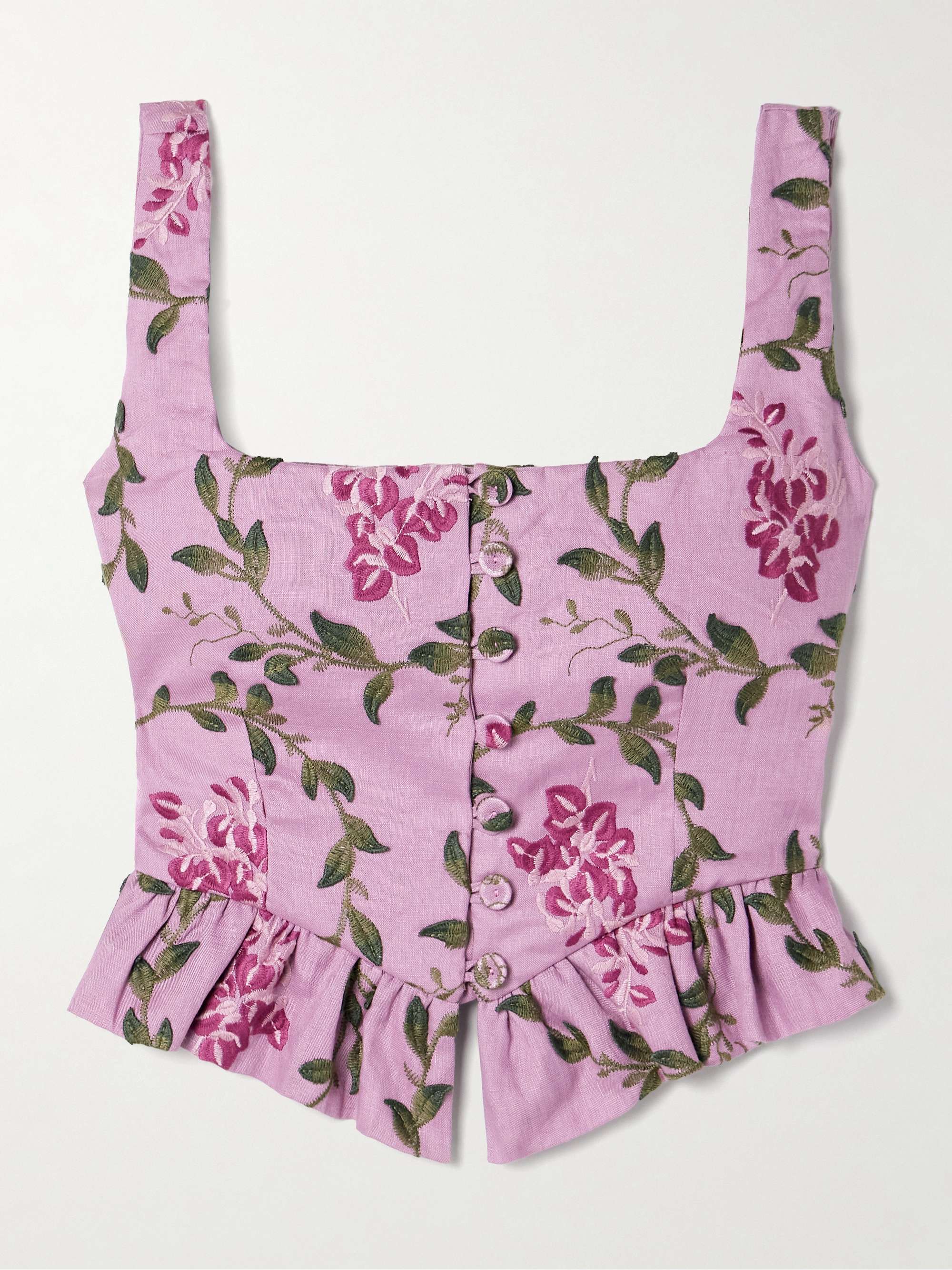 Eslabón Wisteria cropped ruffled embroidered linen top view