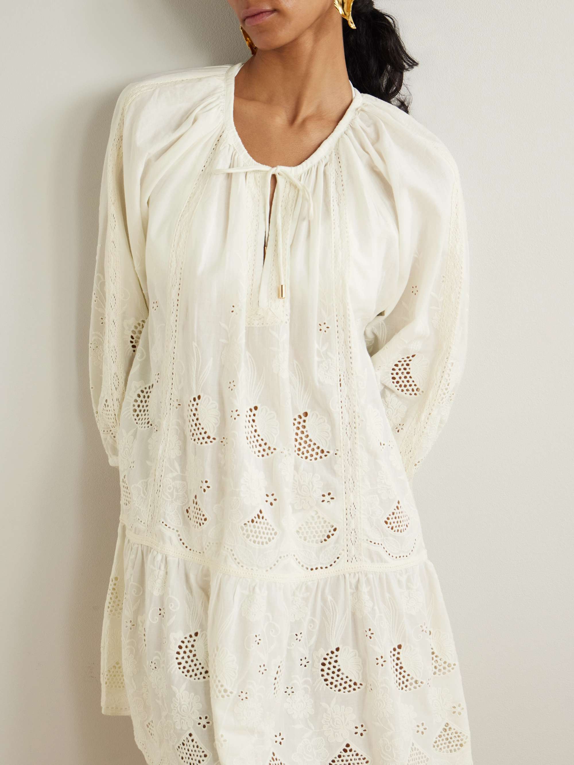Pearl crochet-trimmed embroidered cotton-voile mini dress view