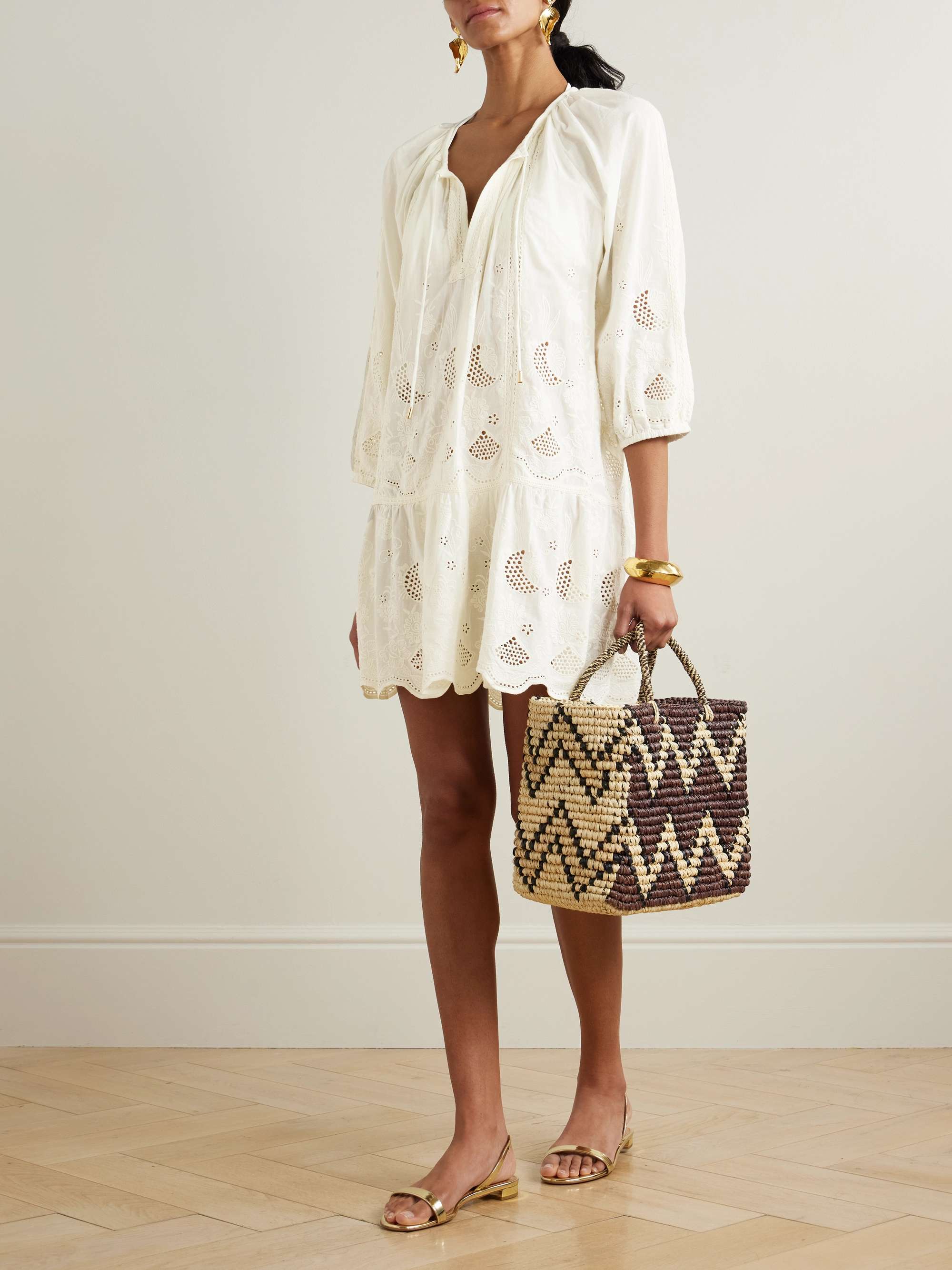 Pearl crochet-trimmed embroidered cotton-voile mini dress view