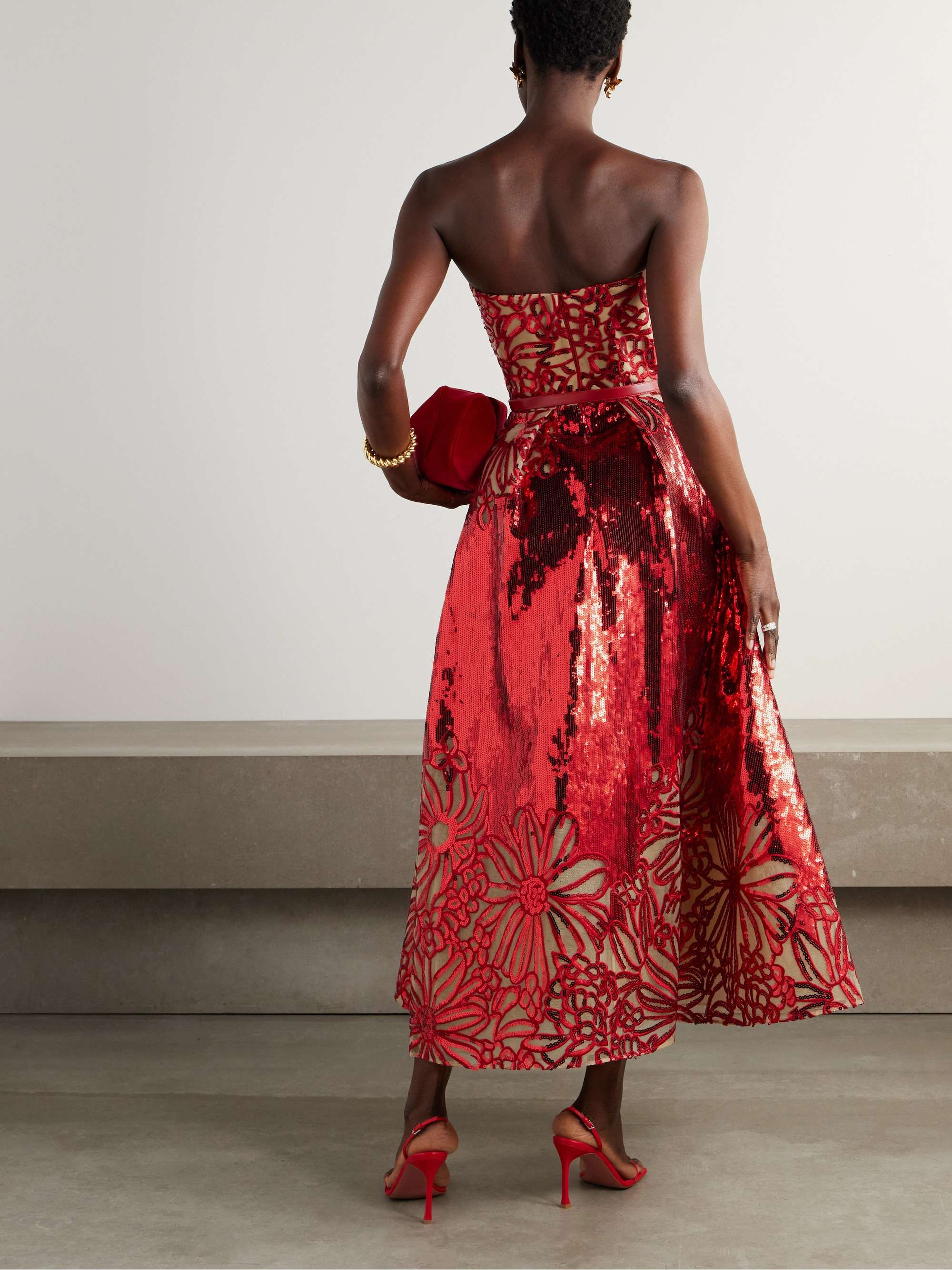 Belted strapless pleated embroidered sequined tulle midi dress view