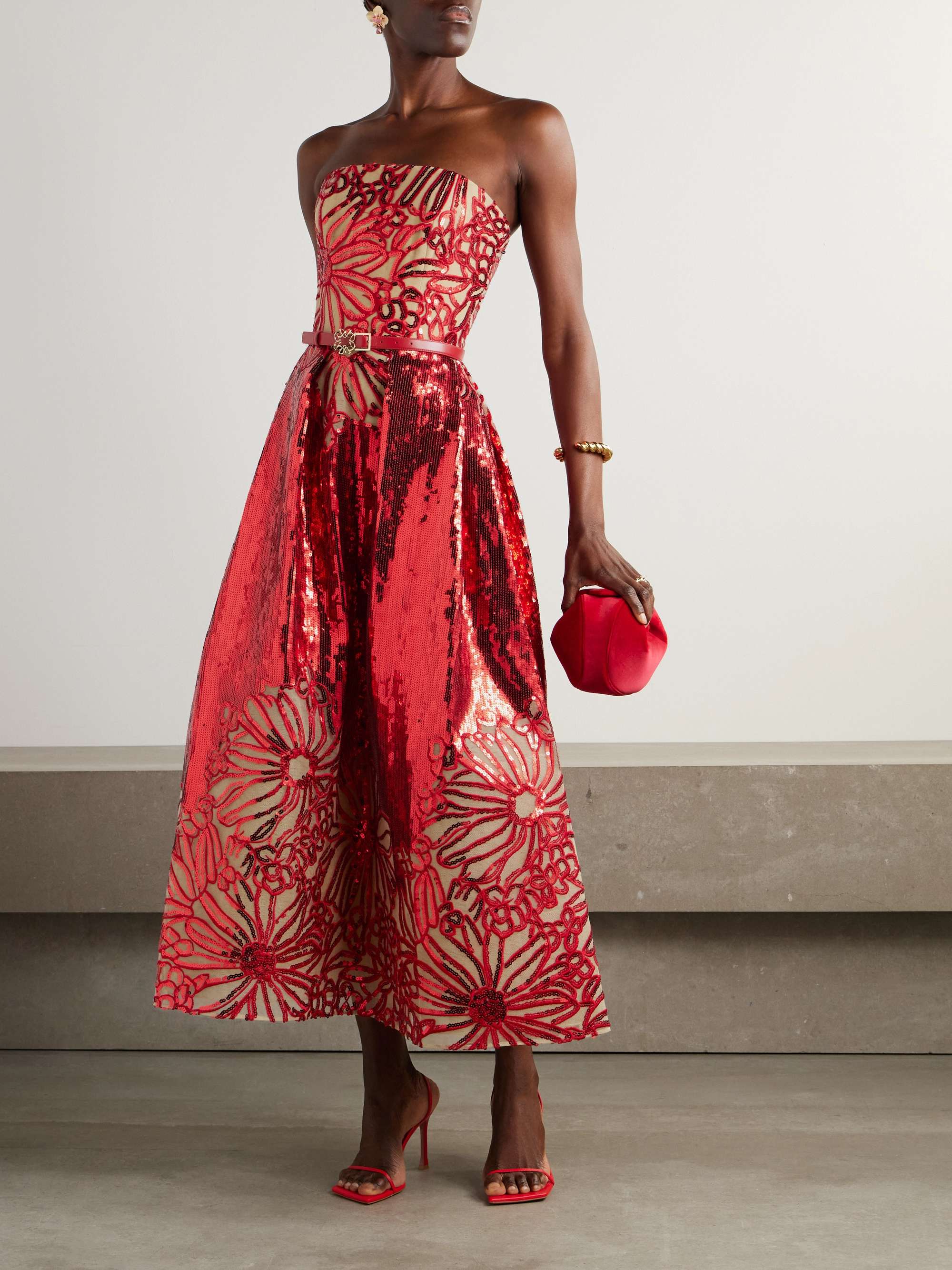 Belted strapless pleated embroidered sequined tulle midi dress view