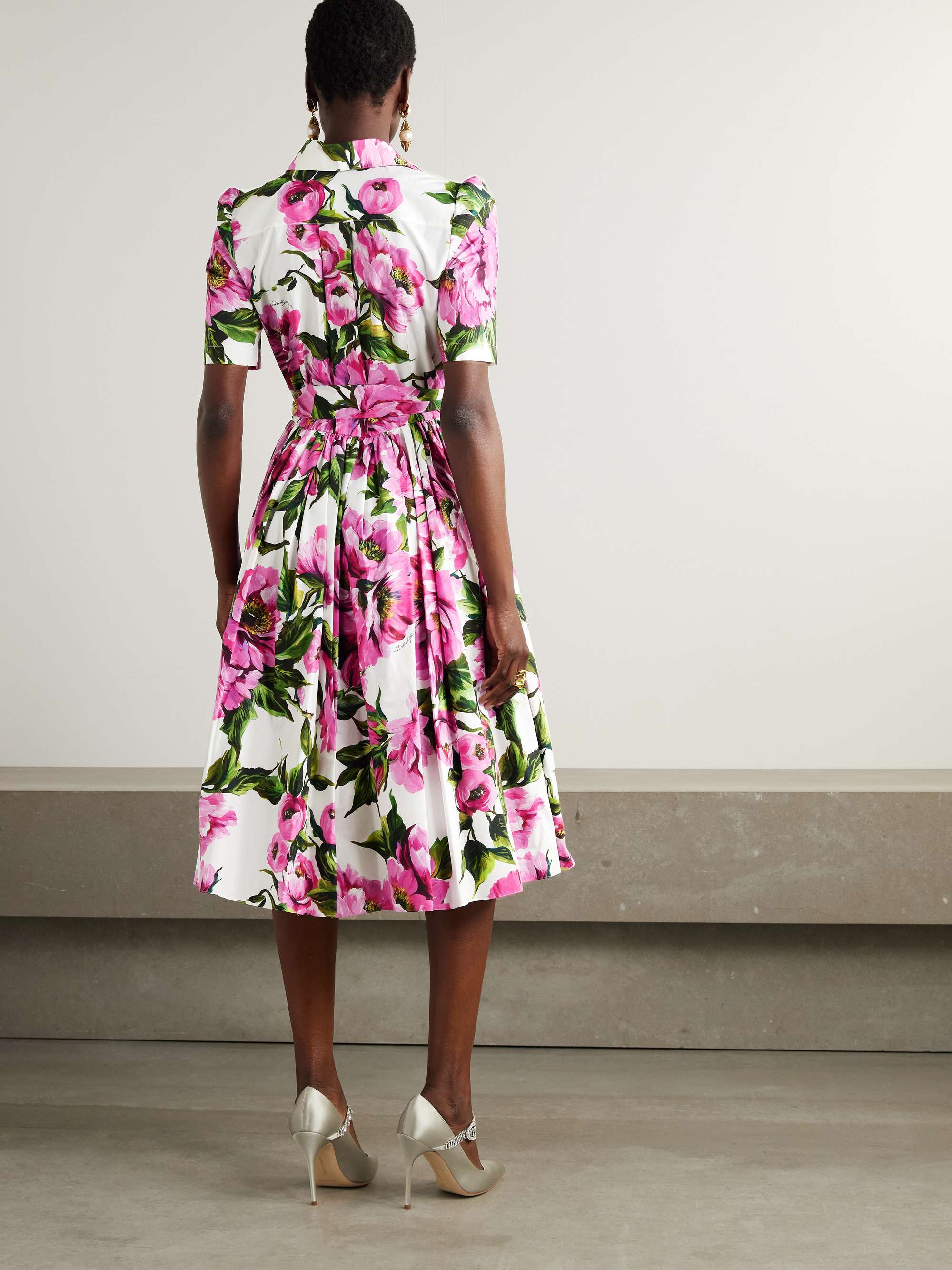 Belted pleated floral-print cotton-poplin midi shirt dress view
