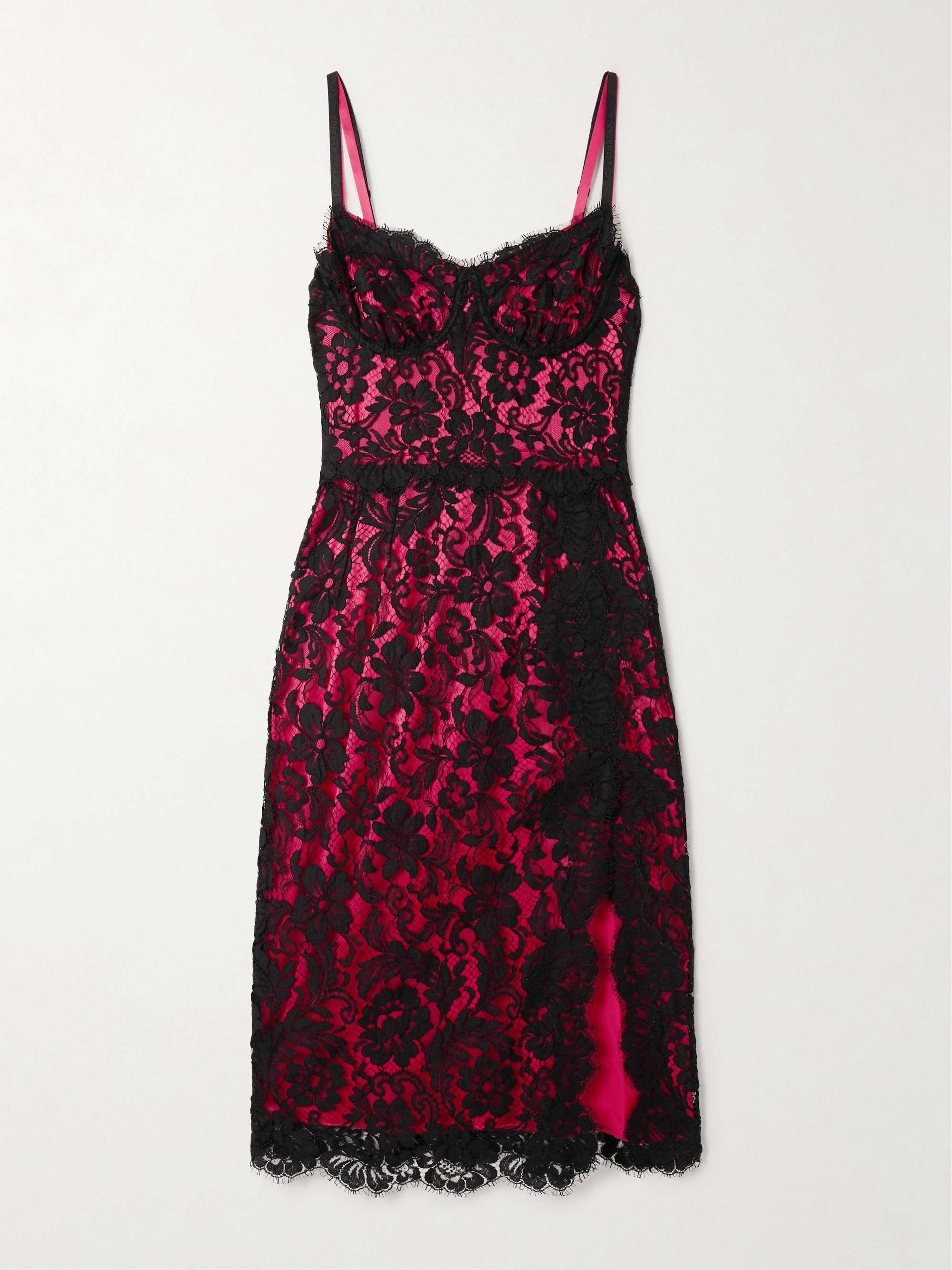 Layered cotton-blend lace and stretch-silk satin bustier midi dress view