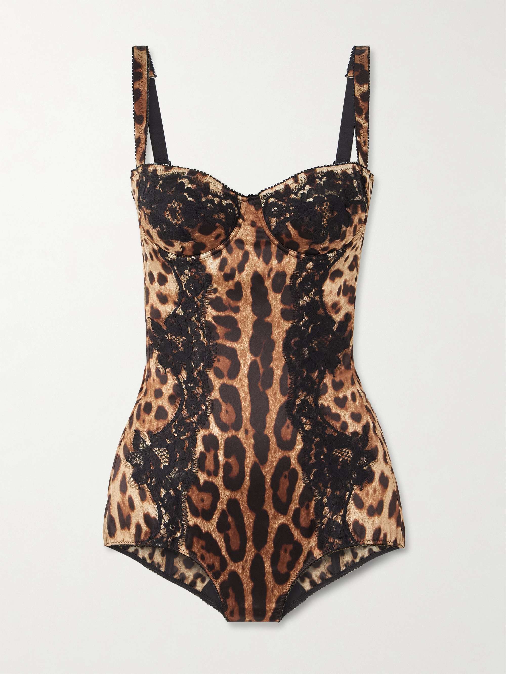 Lace-trimmed leopard-print silk-blend satin bodysuit view