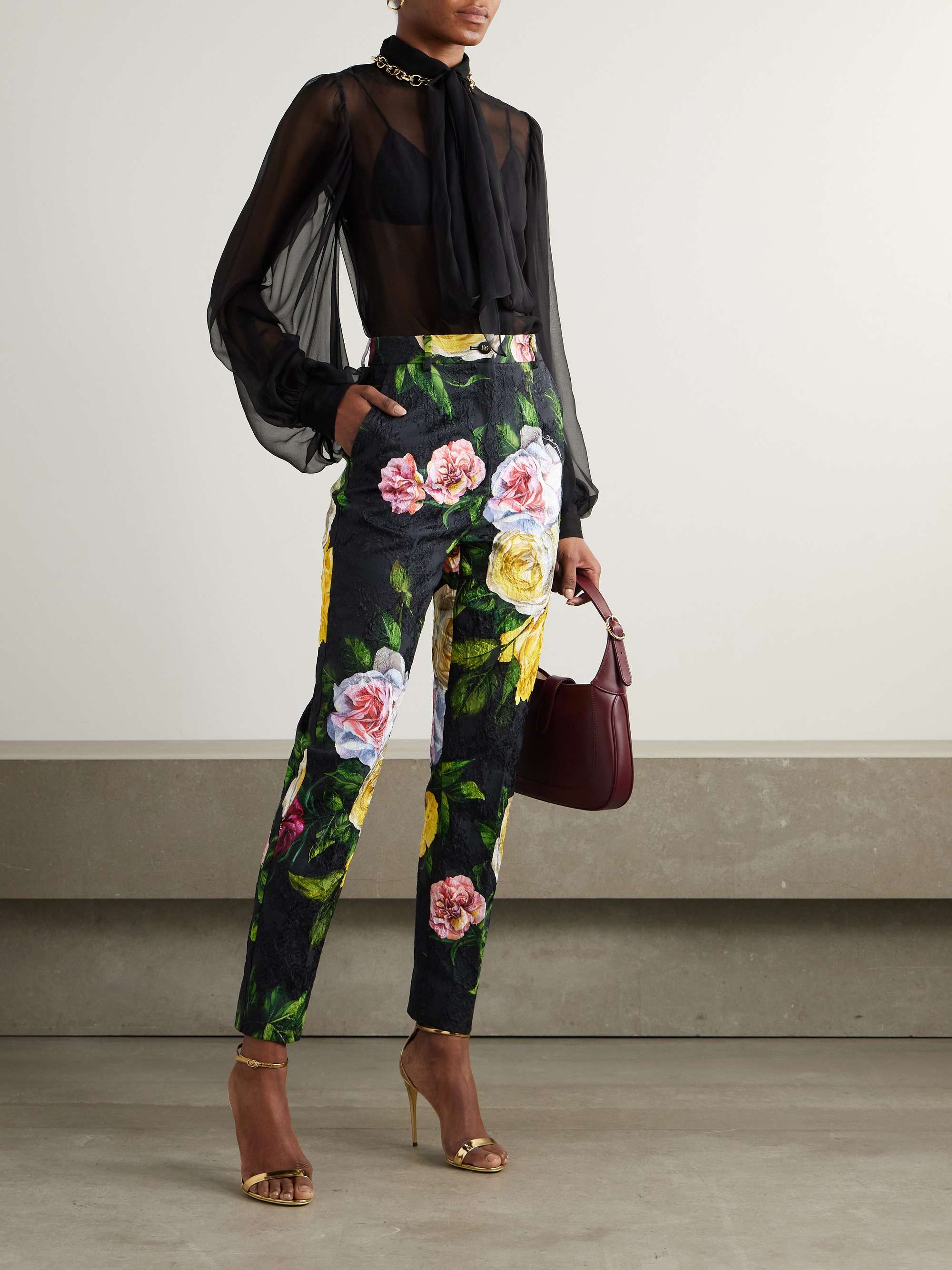 Peonie and Roses floral-print cotton-blend brocade straight-leg pants view