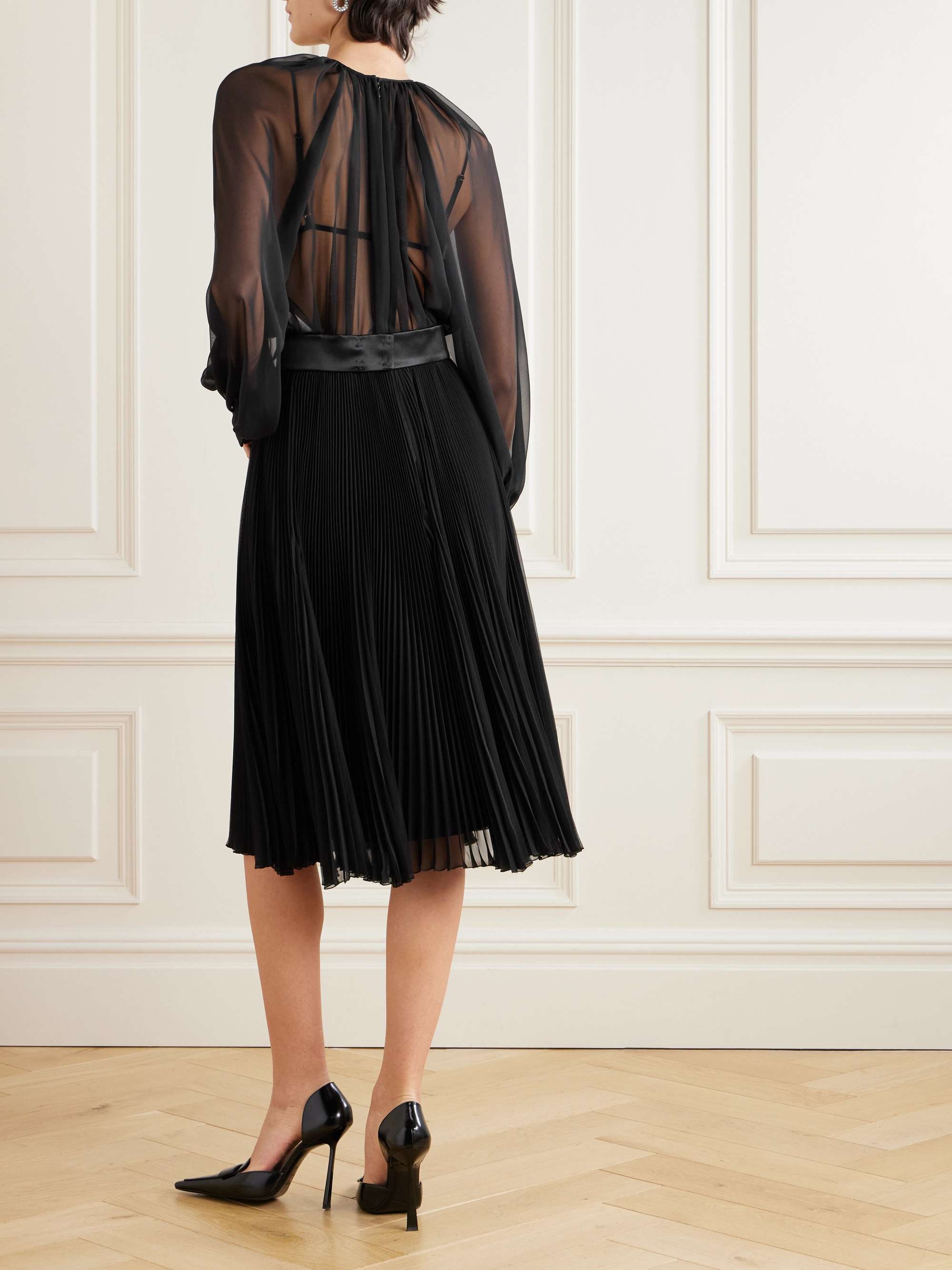 Satin-trimmed belted pleated chiffon midi dress view