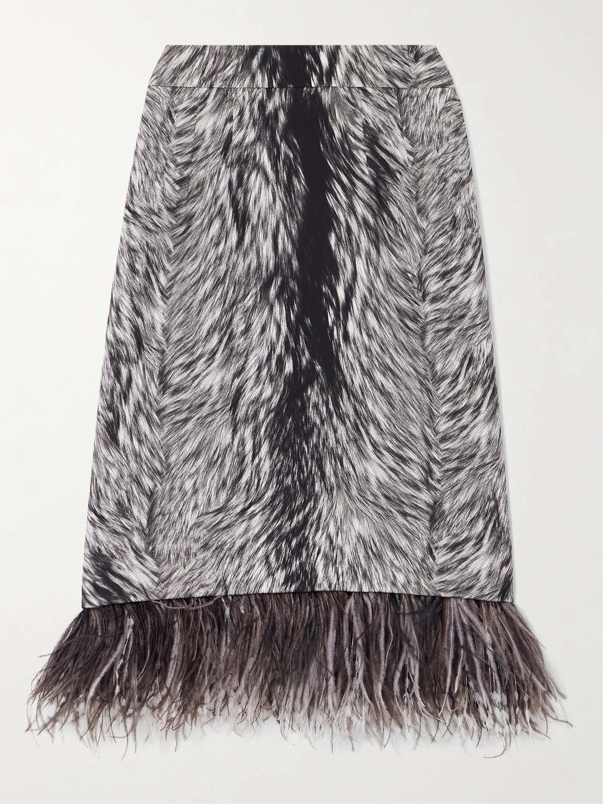 Feather-trimmed printed stretch-silk charmeuse skirt view