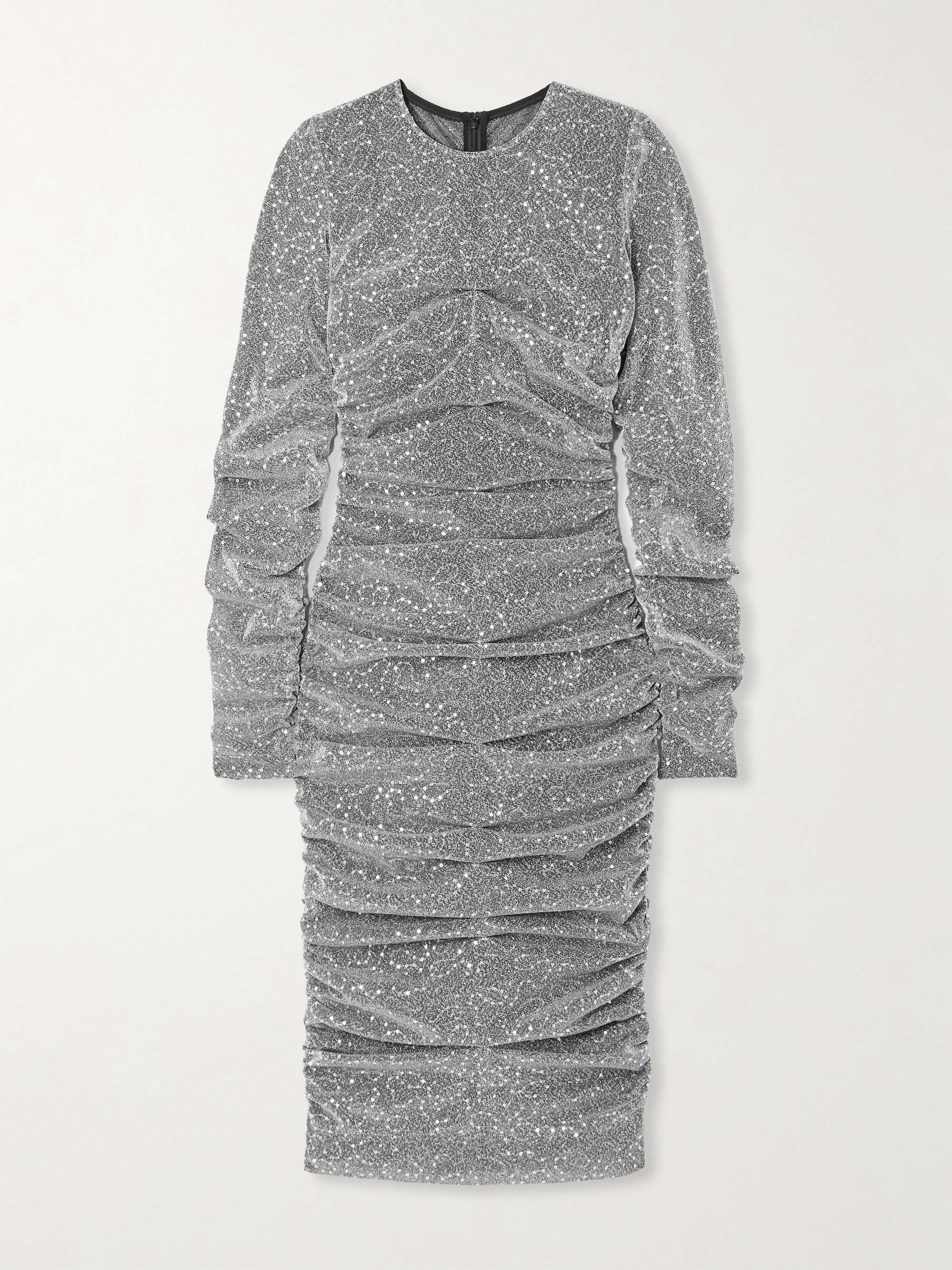 Ruched sequined metallic stretch-tulle midi dress view