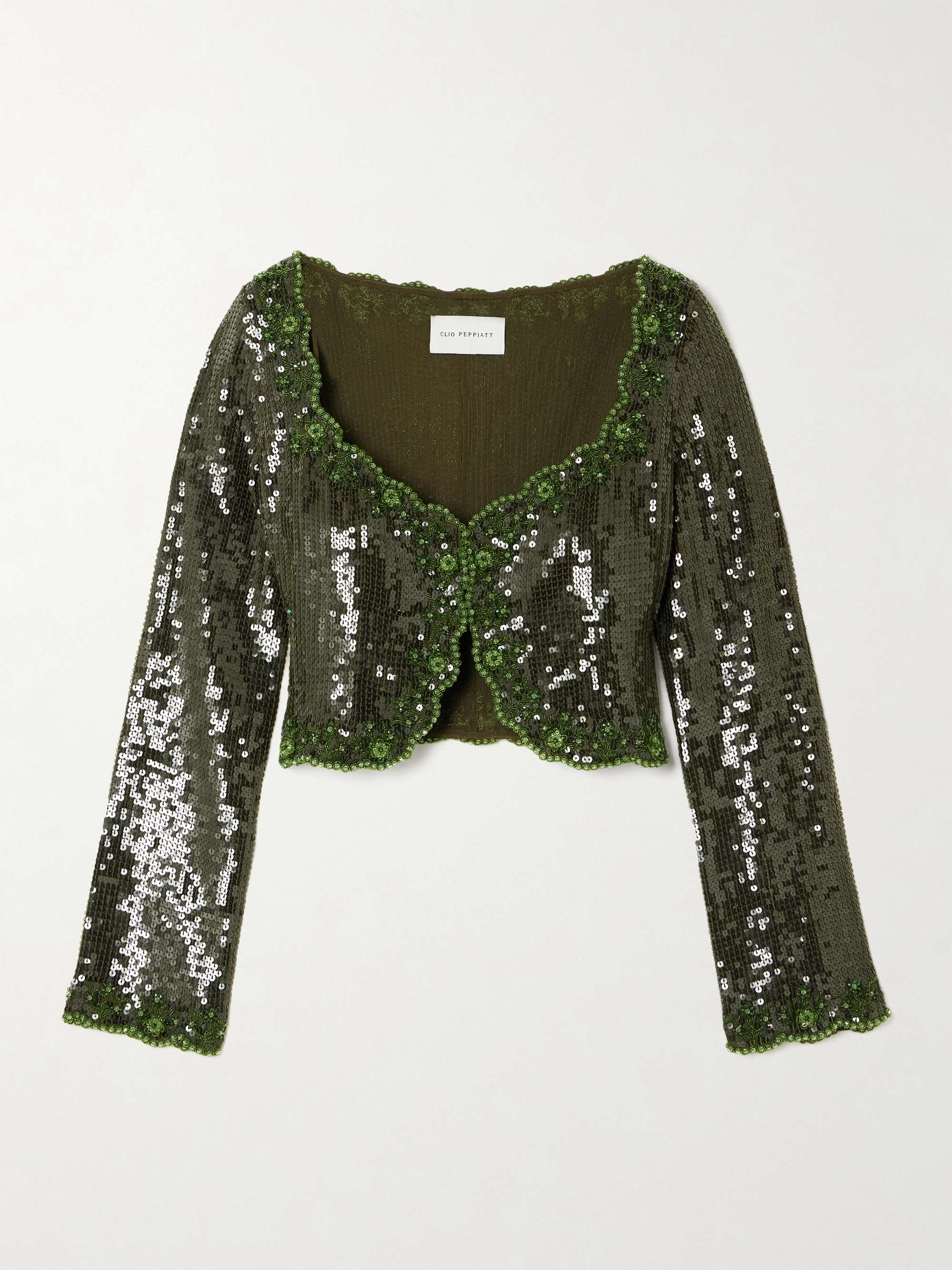 Olivine cropped scalloped embellished crepe top view