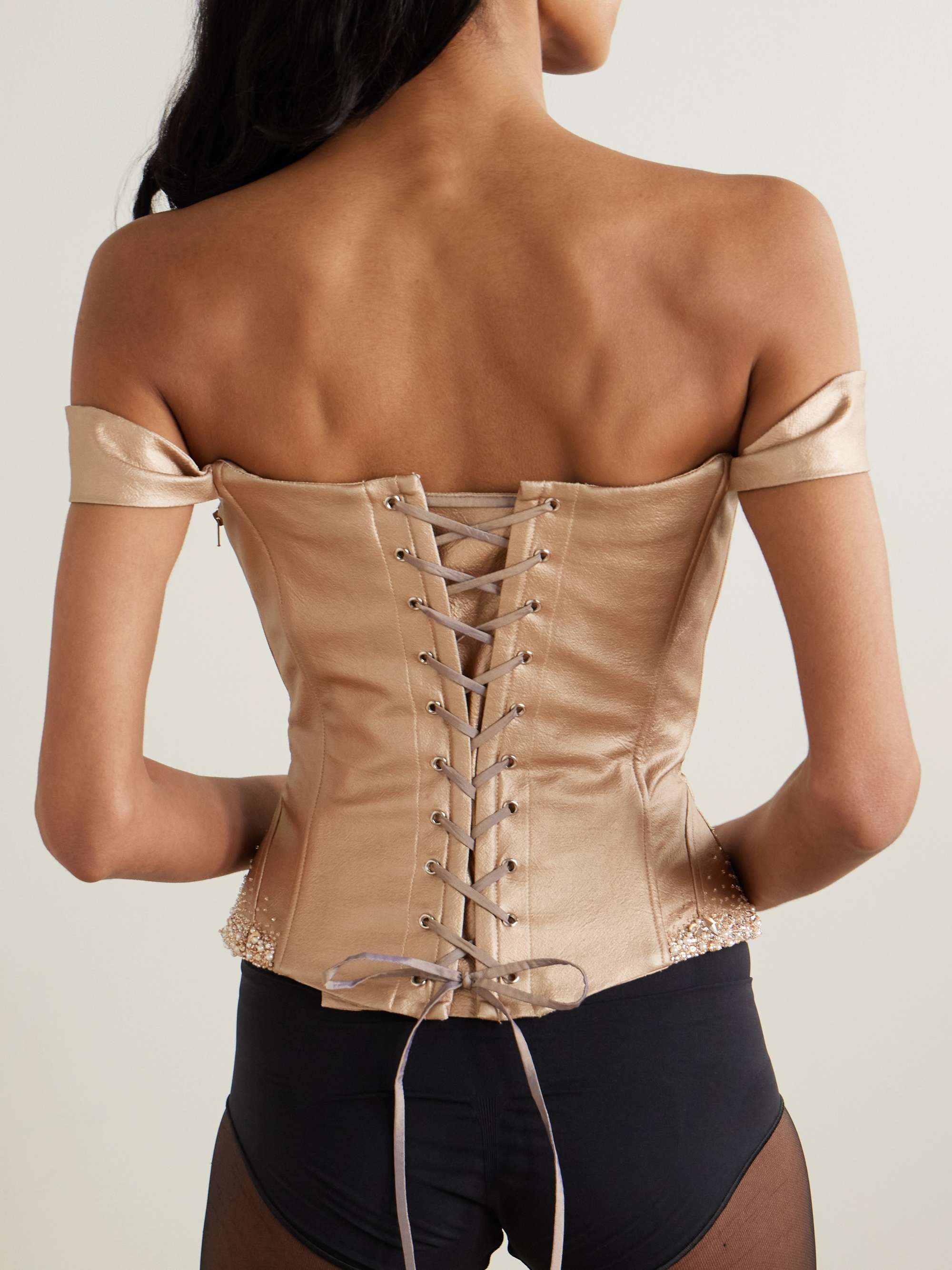 Amber embellished metallic faux leather bustier top view