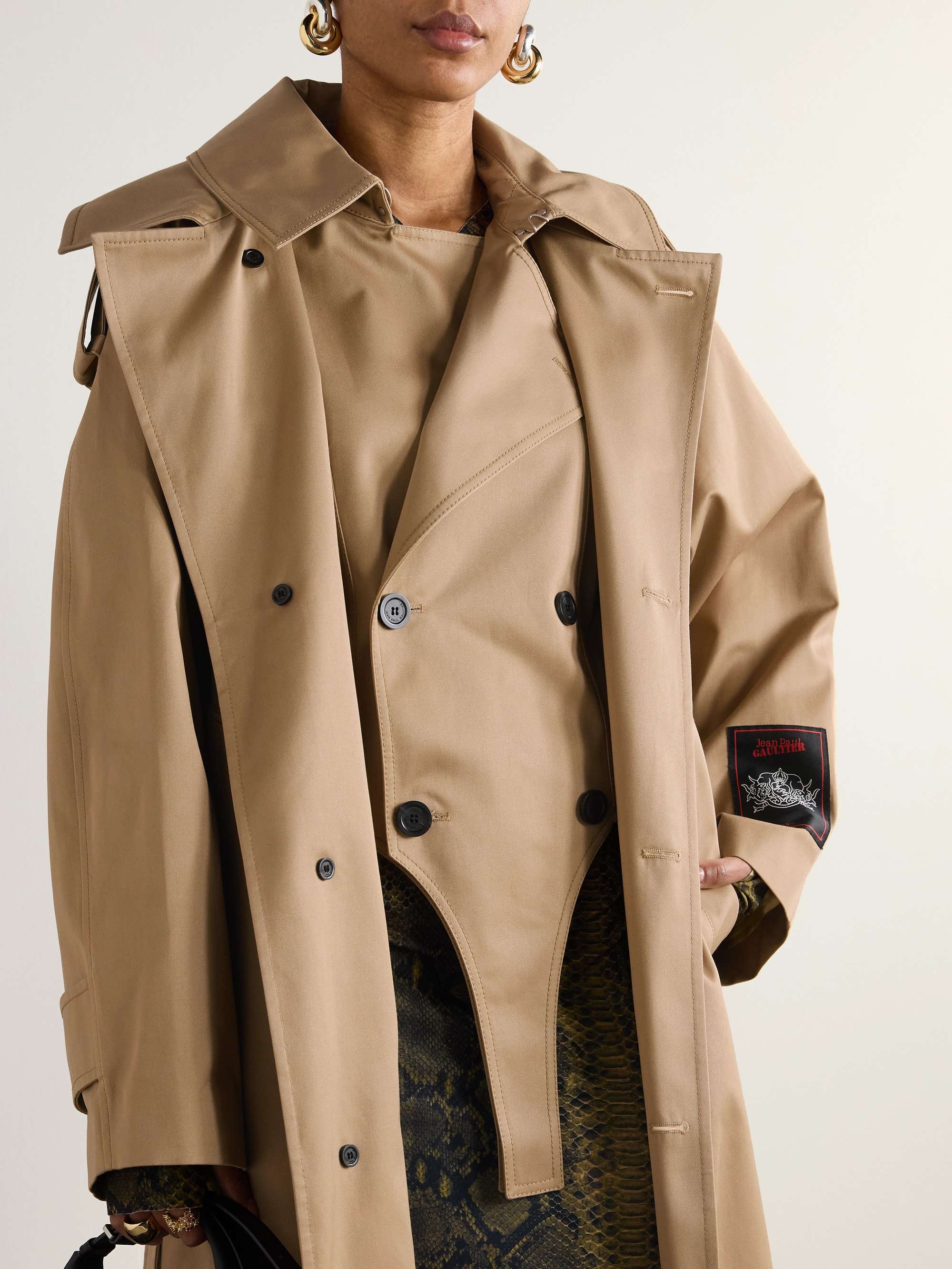 Belted layered appliquéd cotton-twill trench coat view