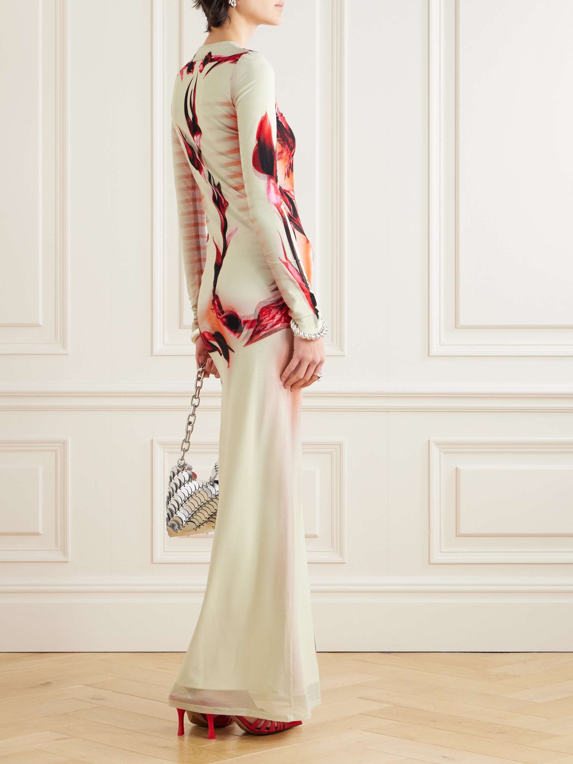 Printed stretch-mesh maxi dress view