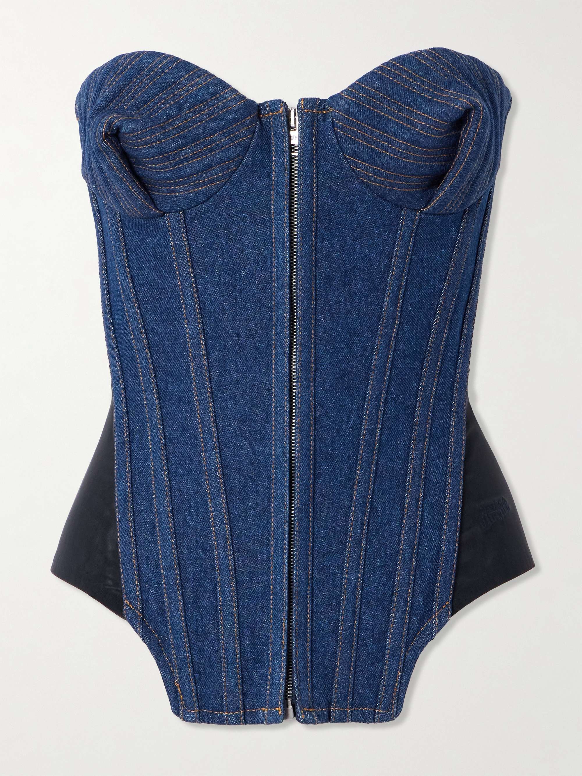 Mesh-trimmed denim bustier top view