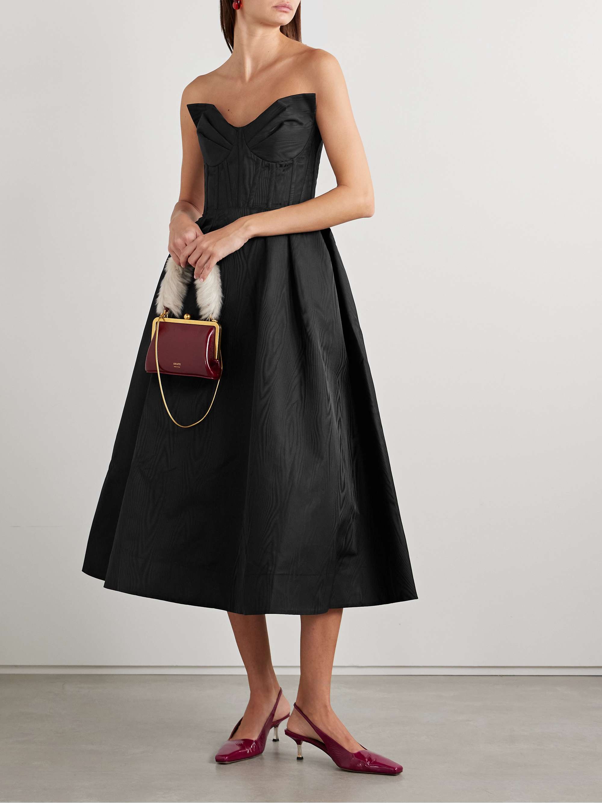 Luiza strapless pleated moire midi dress view