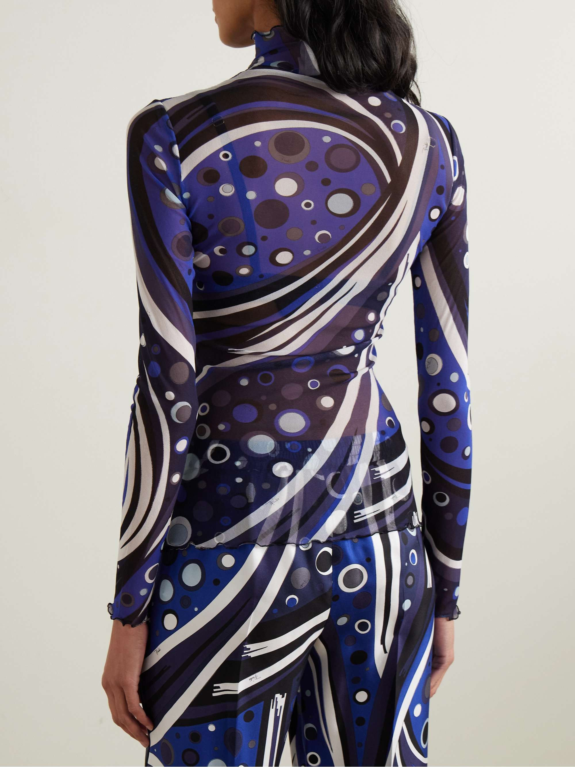 Printed tulle turtleneck top view