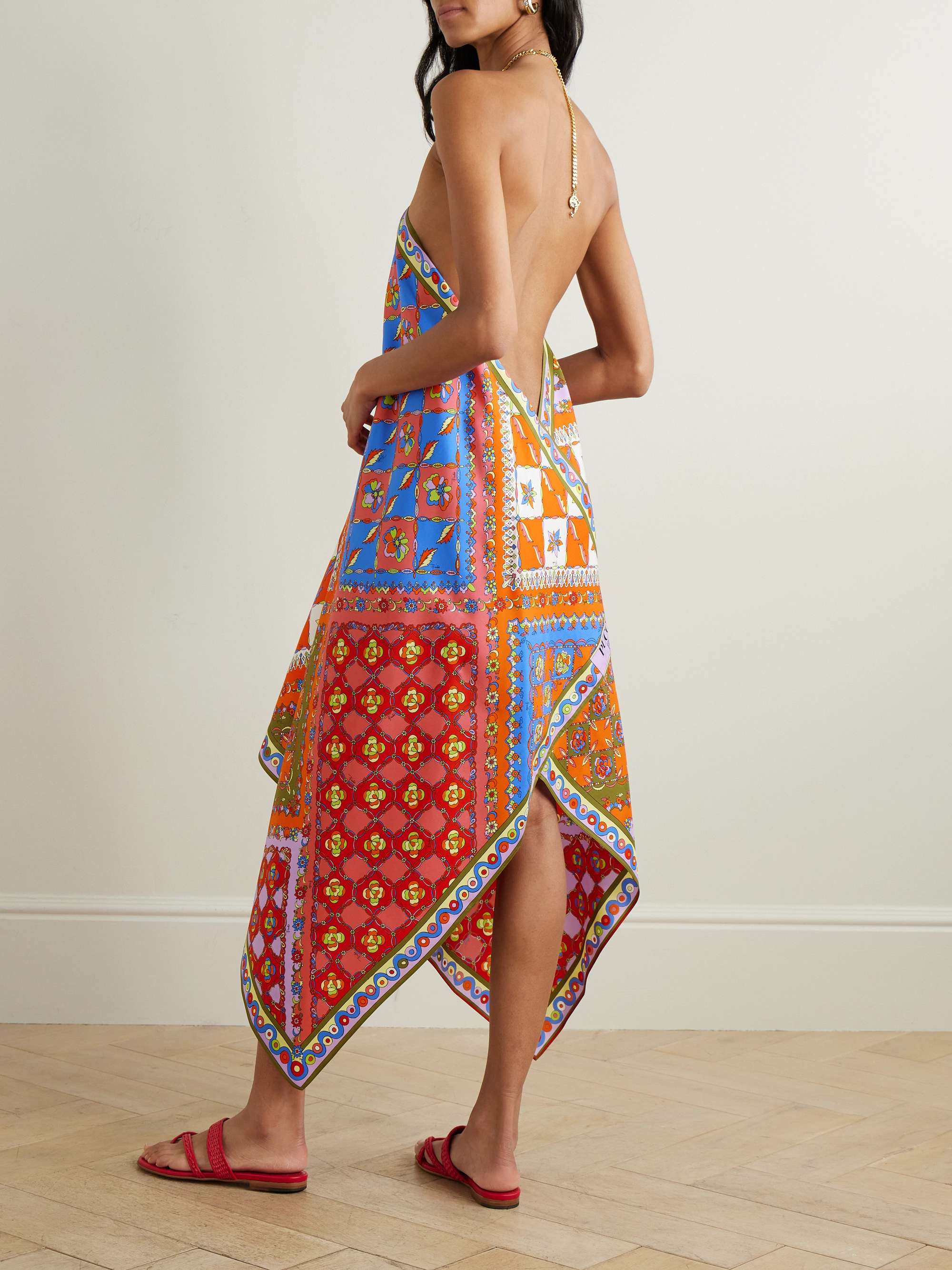 Asymmetric printed silk-twill halterneck midi dress view