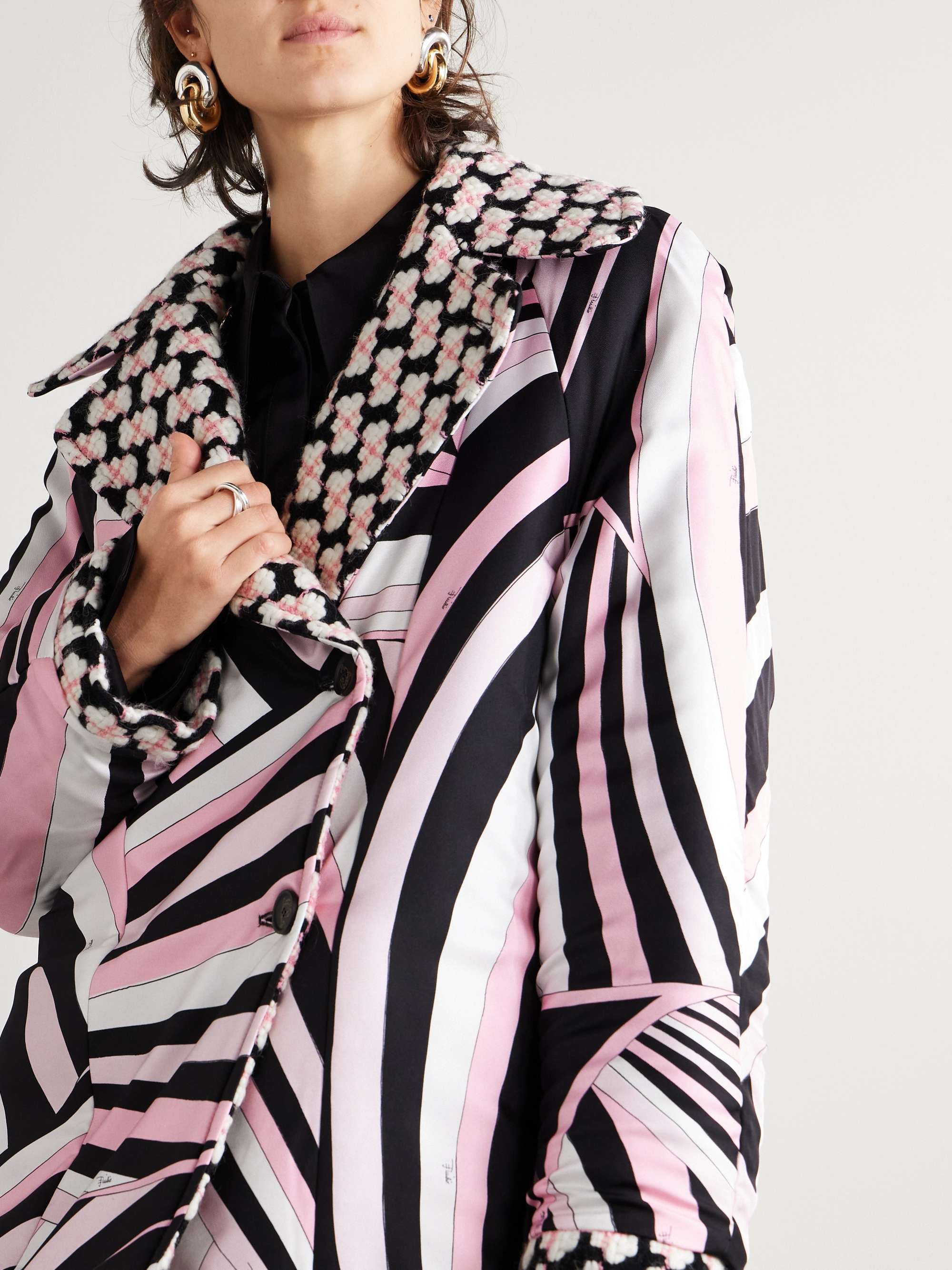Reversible double-breasted printed silk-twill and wool-blend tweed jacket view