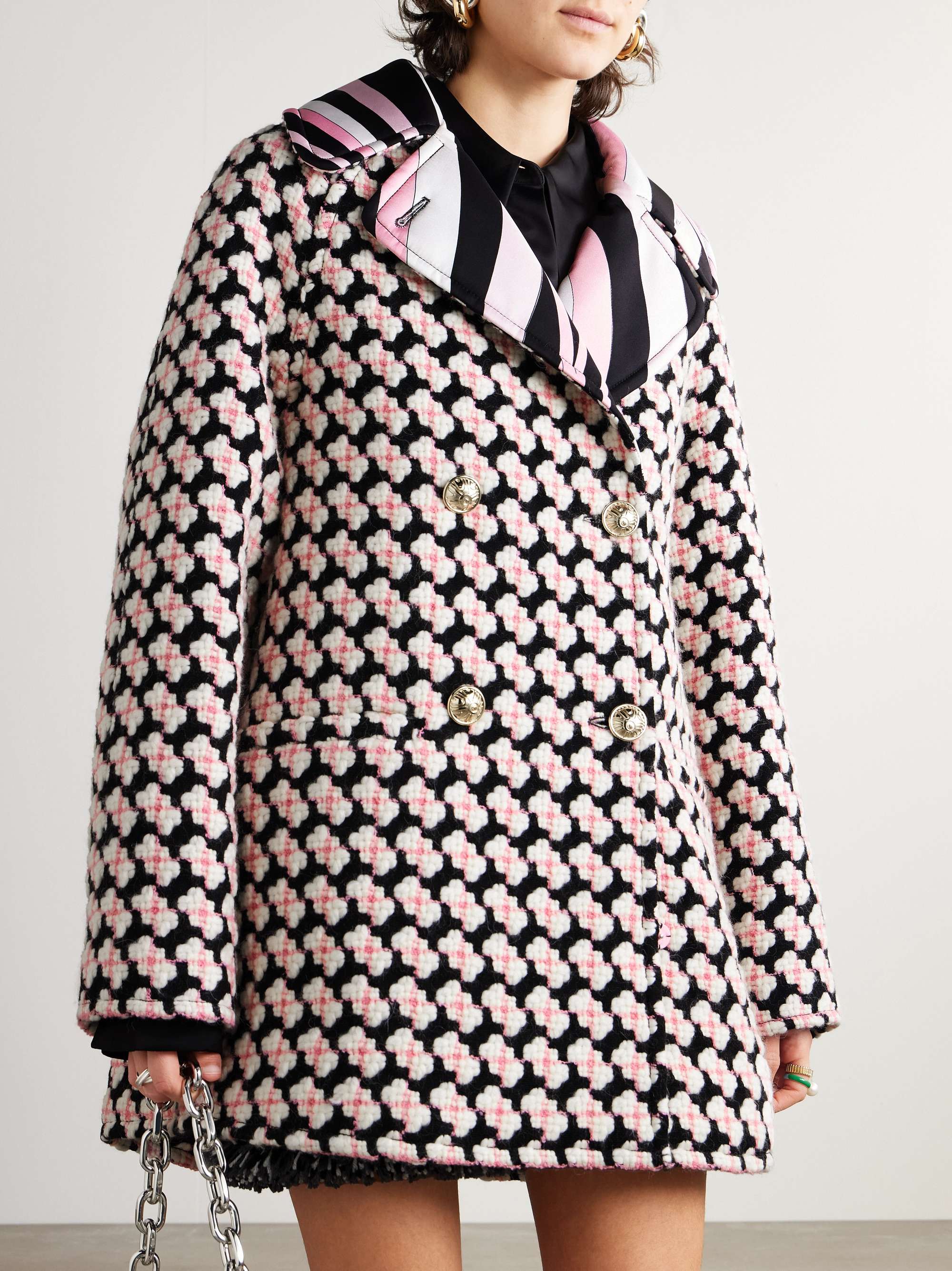 Reversible double-breasted printed silk-twill and wool-blend tweed jacket view