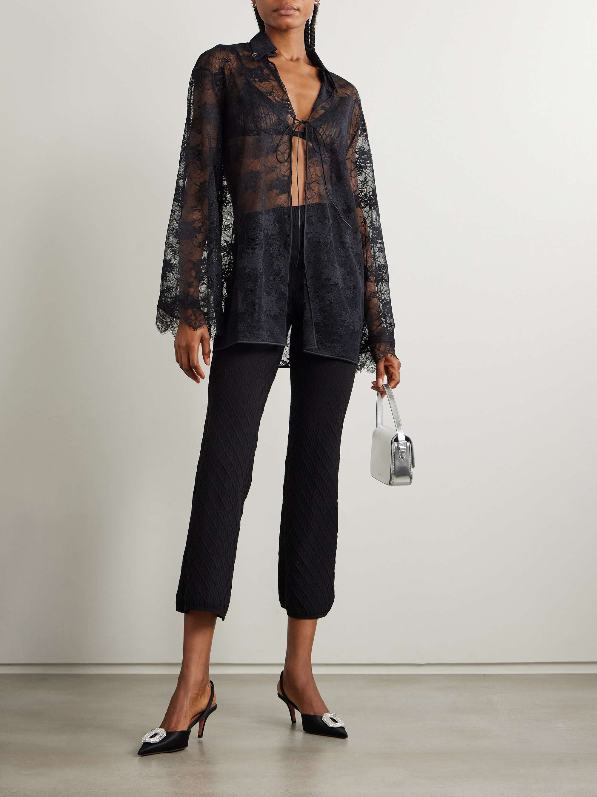 Satin-trimmed scalloped stretch-lace shirt view