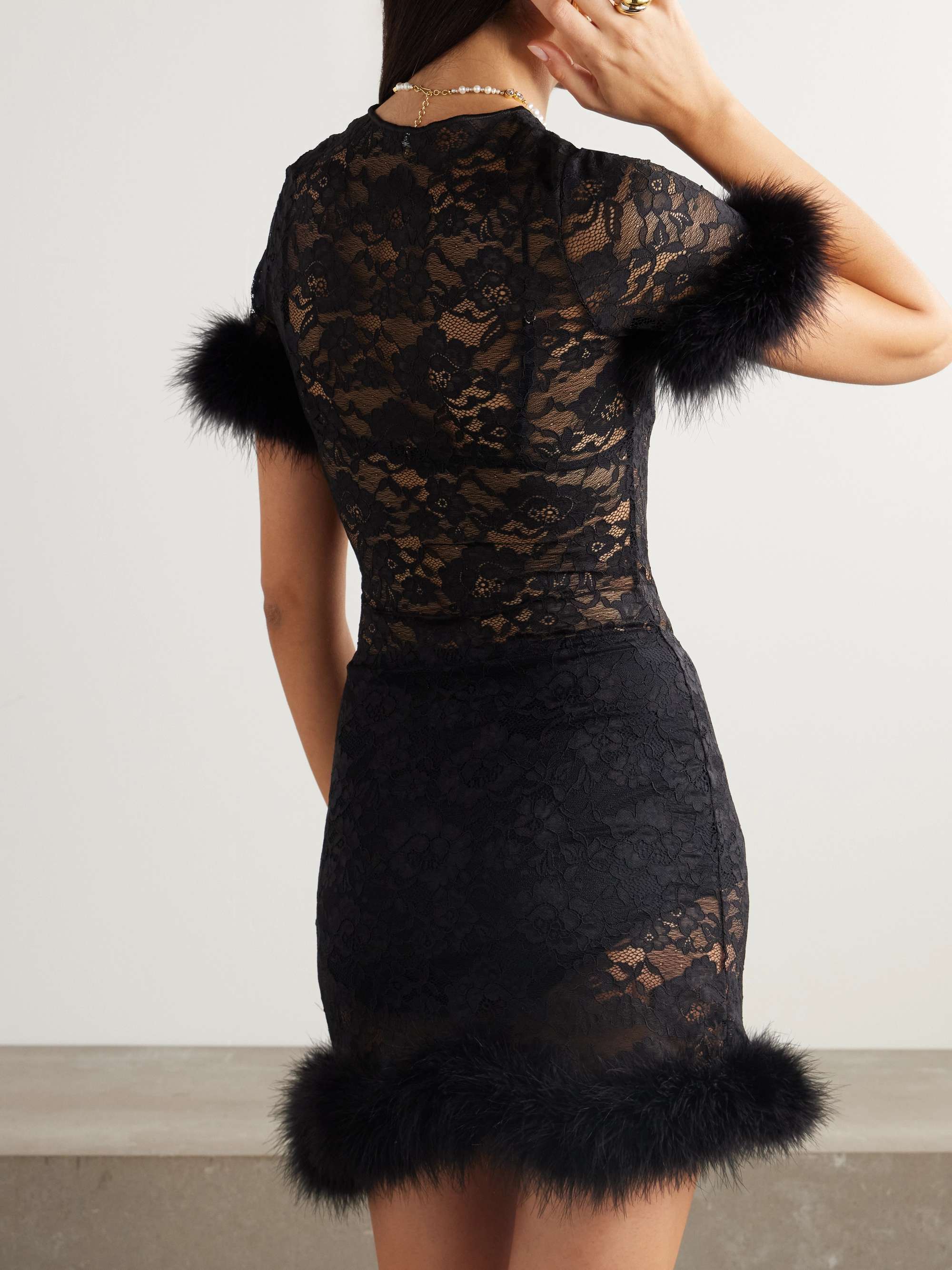 Feather-trimmed corded lace mini dress view