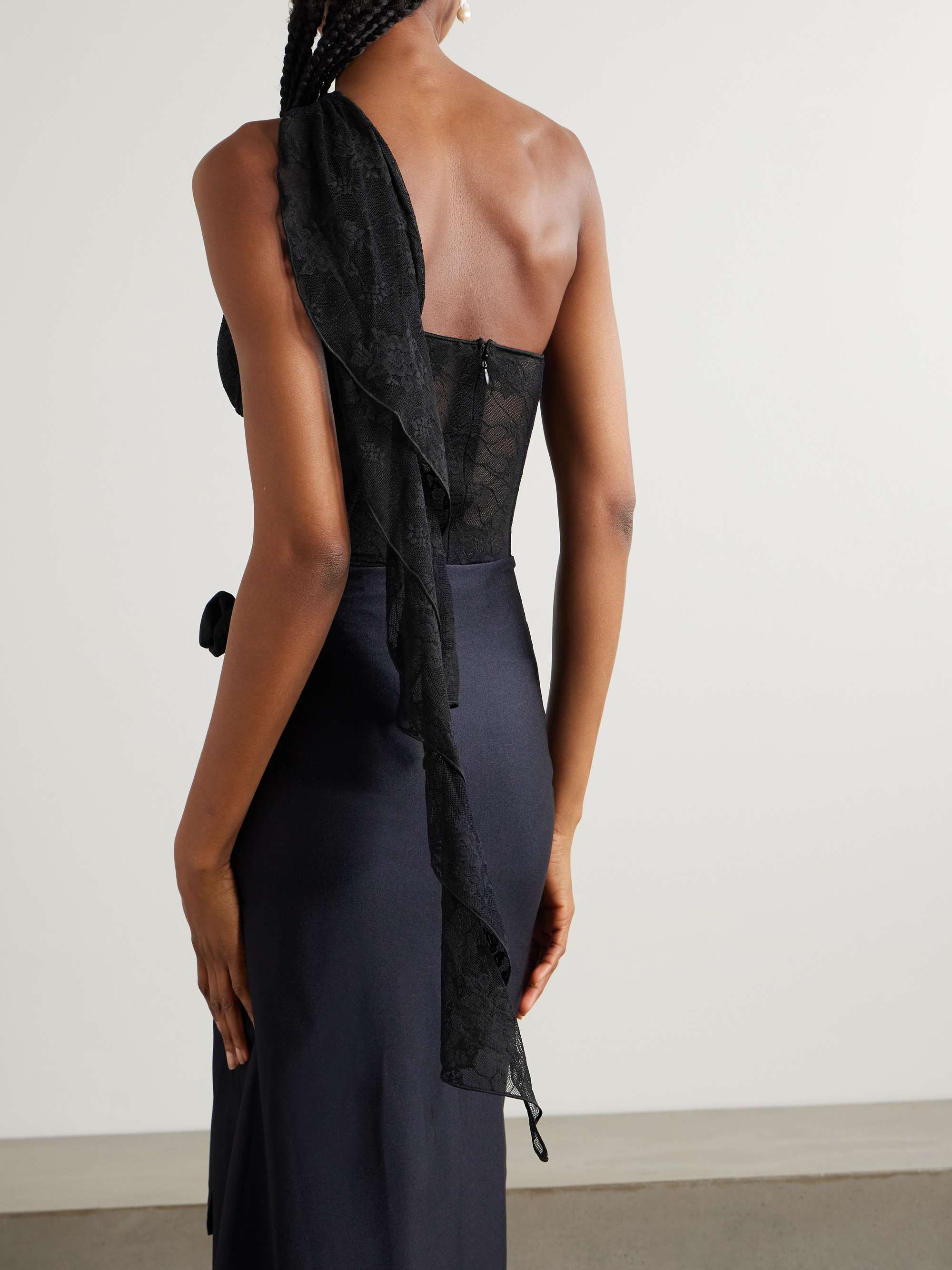 One-shoulder draped stretch-lace bodysuit view