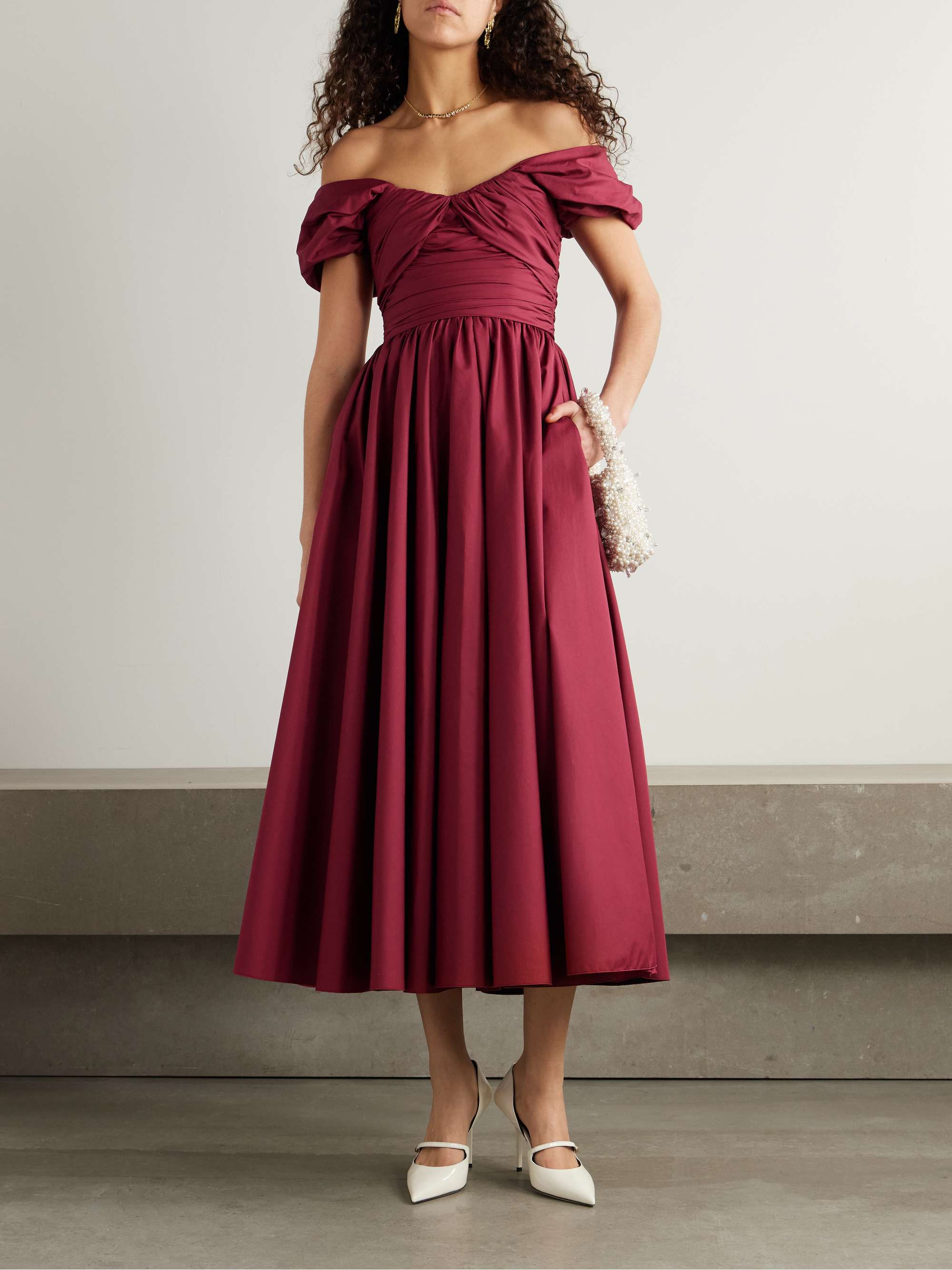 Off-the-shoulder gathered cotton-poplin midi dress view