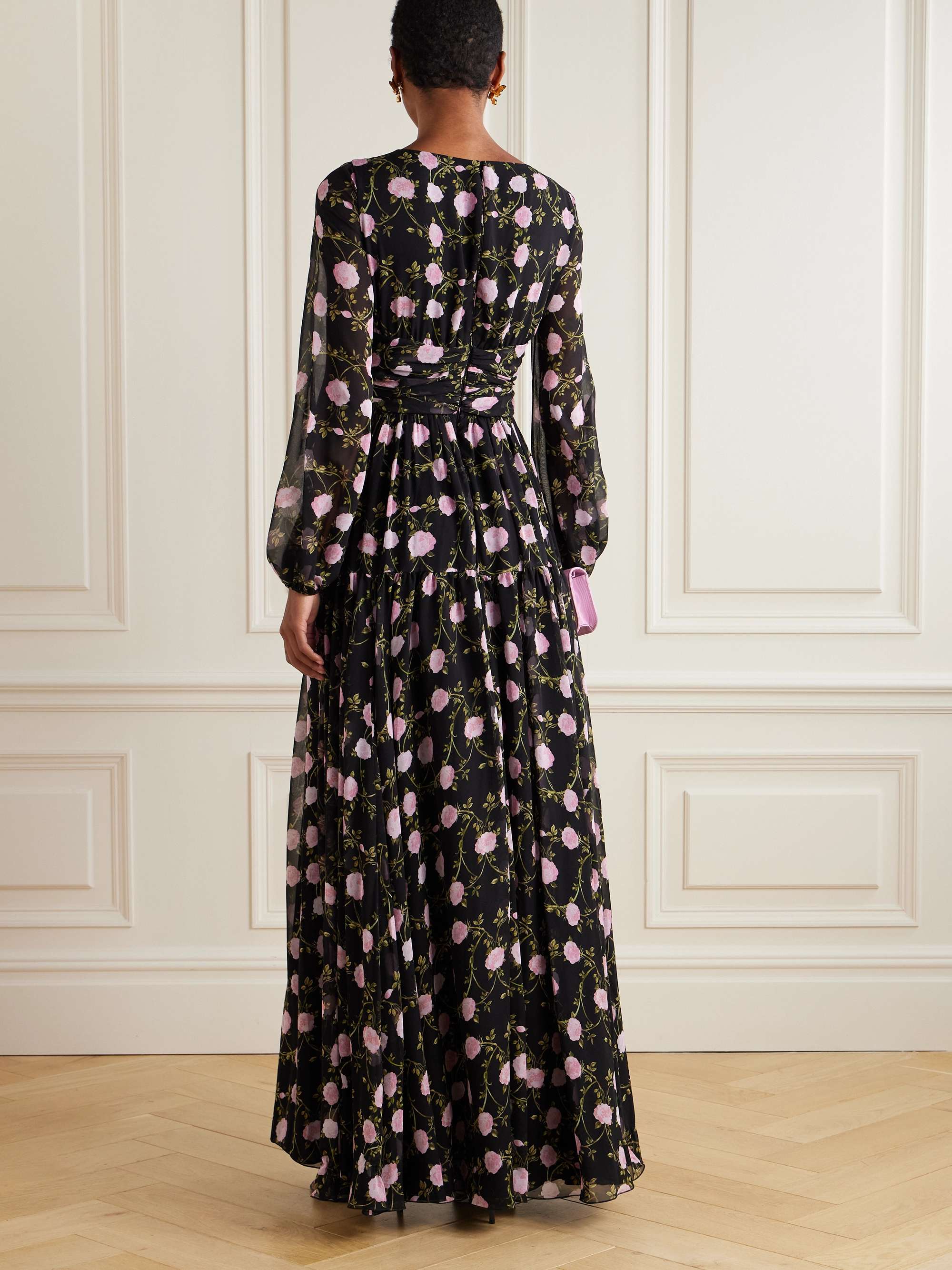Gathered floral-print silk-chiffon gown view