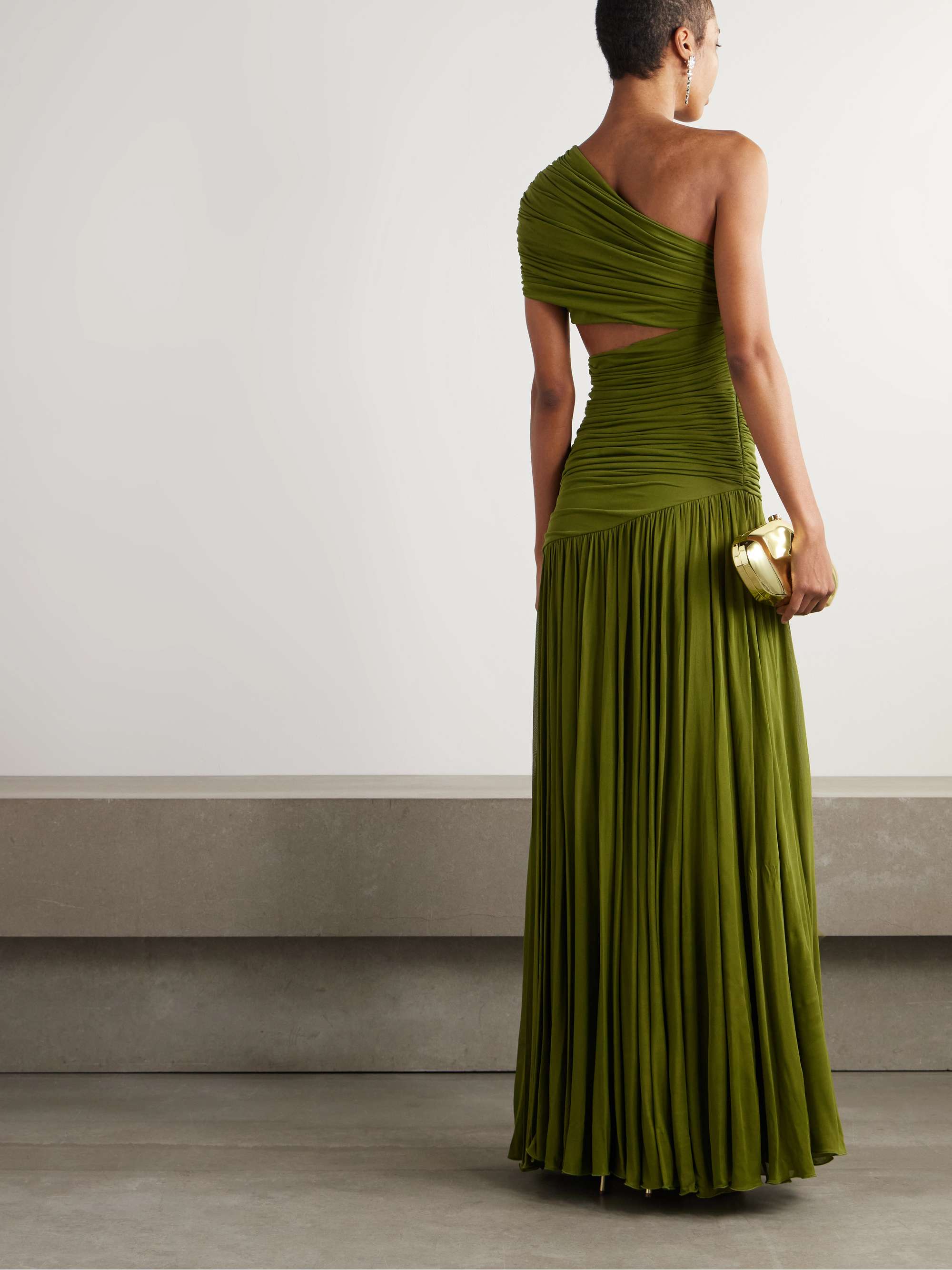 One-shoulder cutout ruched pleated jersey gown view
