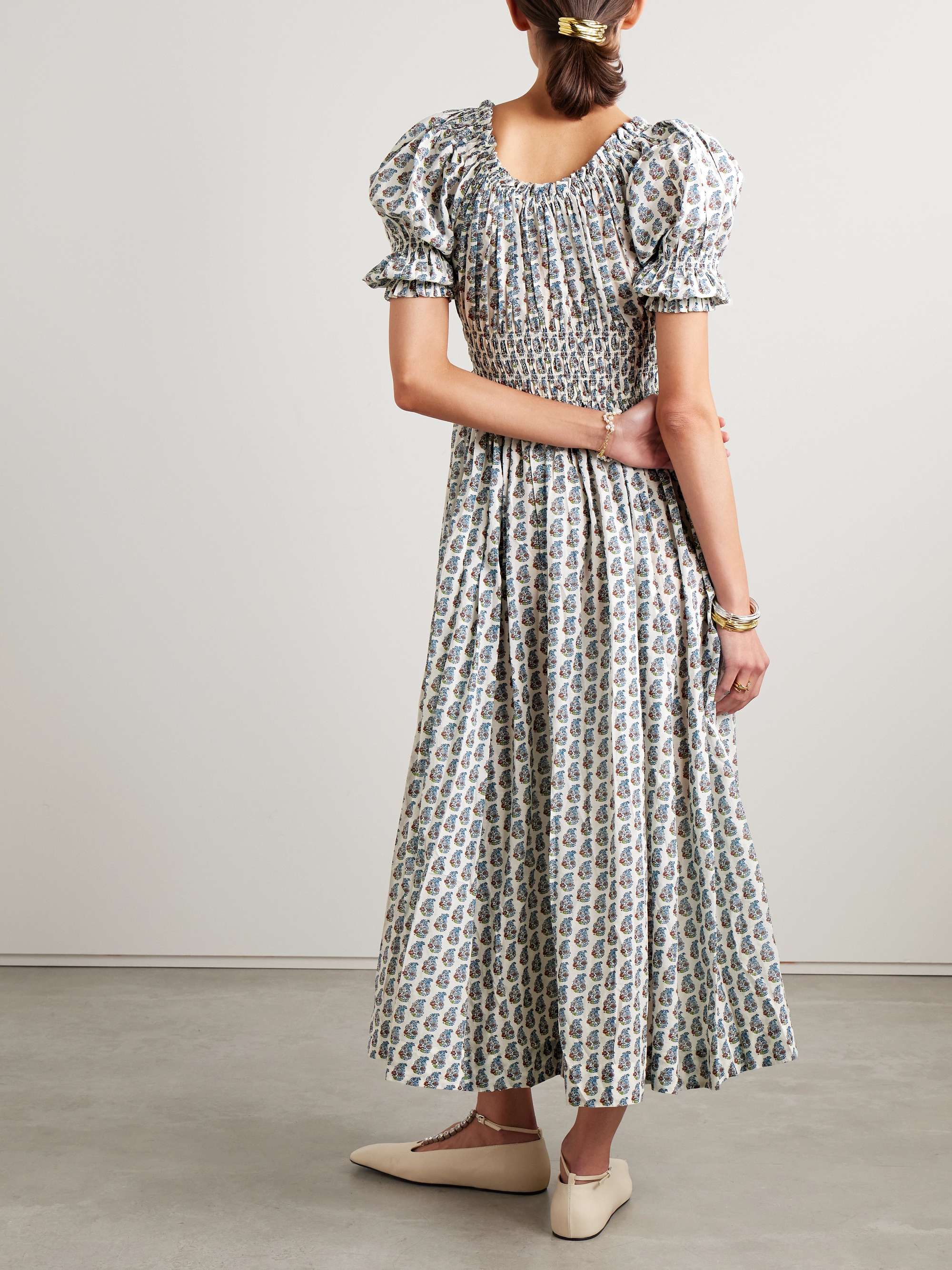 Ischia shirred floral-print organic cotton-blend voile midi dress view