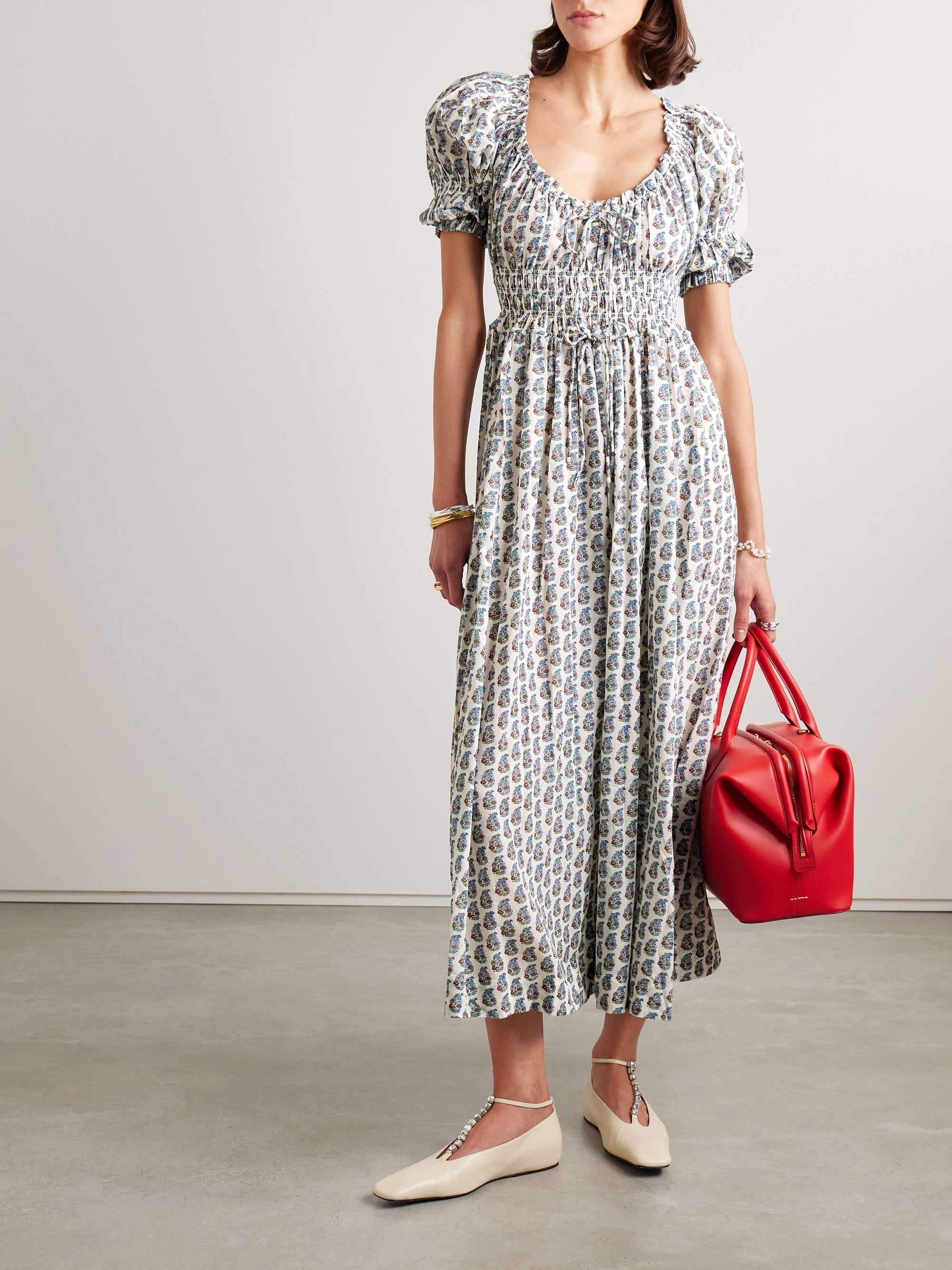 Ischia shirred floral-print organic cotton-blend voile midi dress view