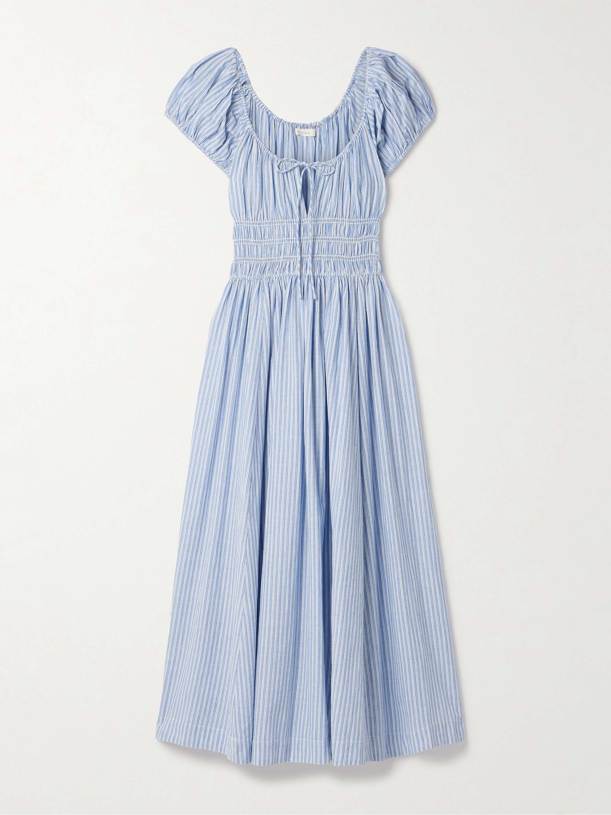 Quinn tie-detailed shirred striped organic cotton-poplin midi dress view