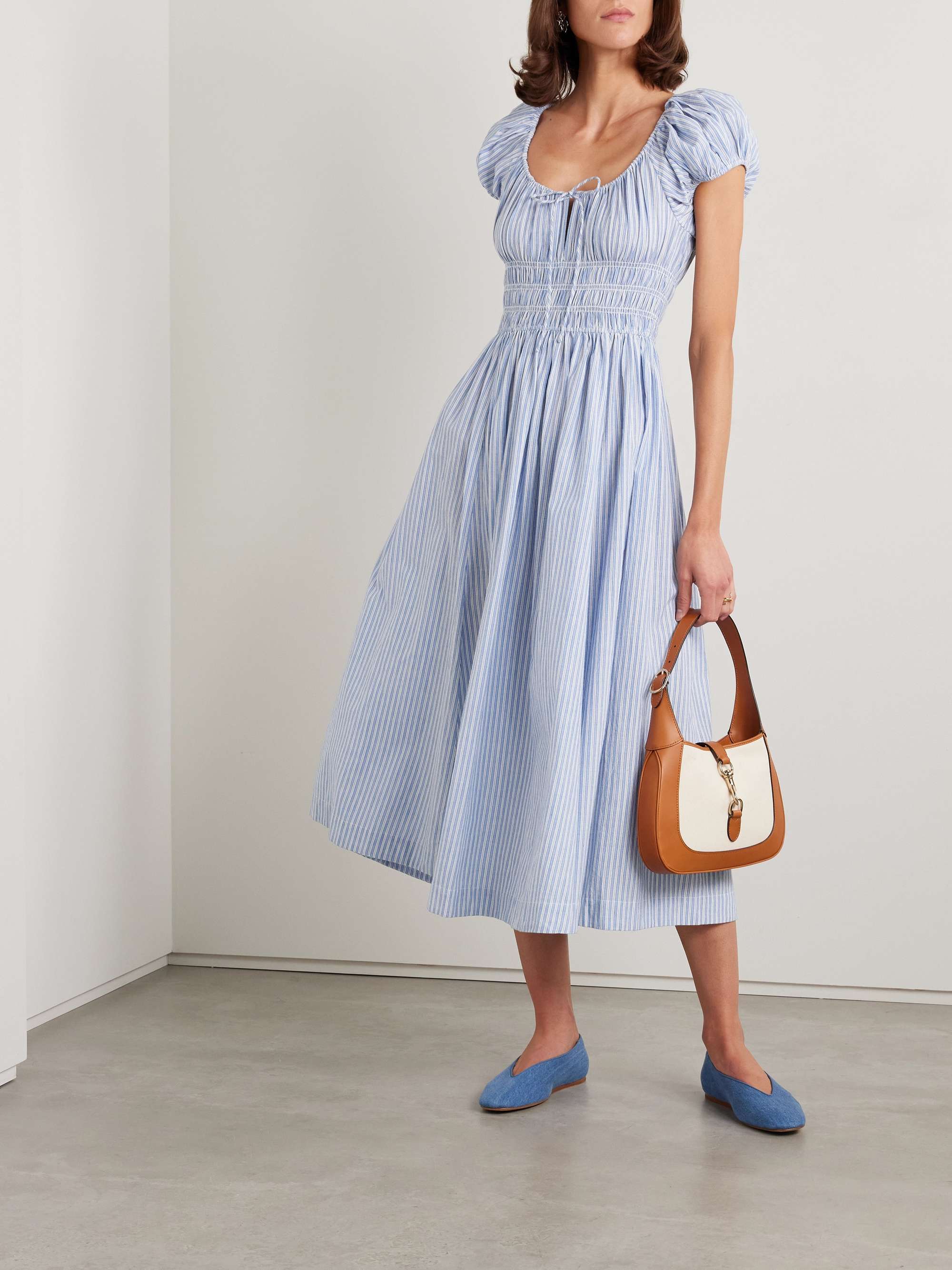 Quinn tie-detailed shirred striped organic cotton-poplin midi dress view