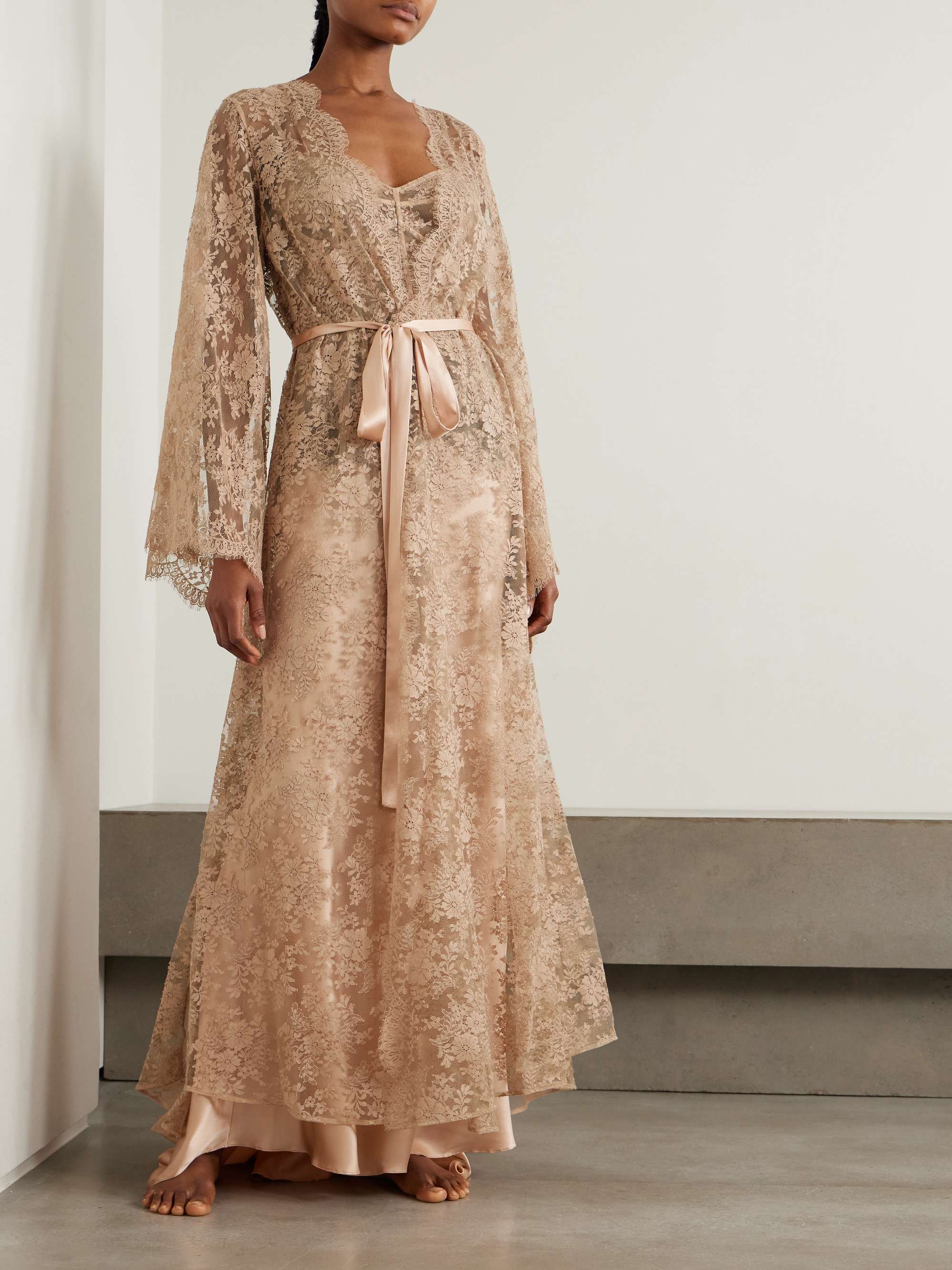 Classic Love belted satin-trimmed cotton-blend lace robe view