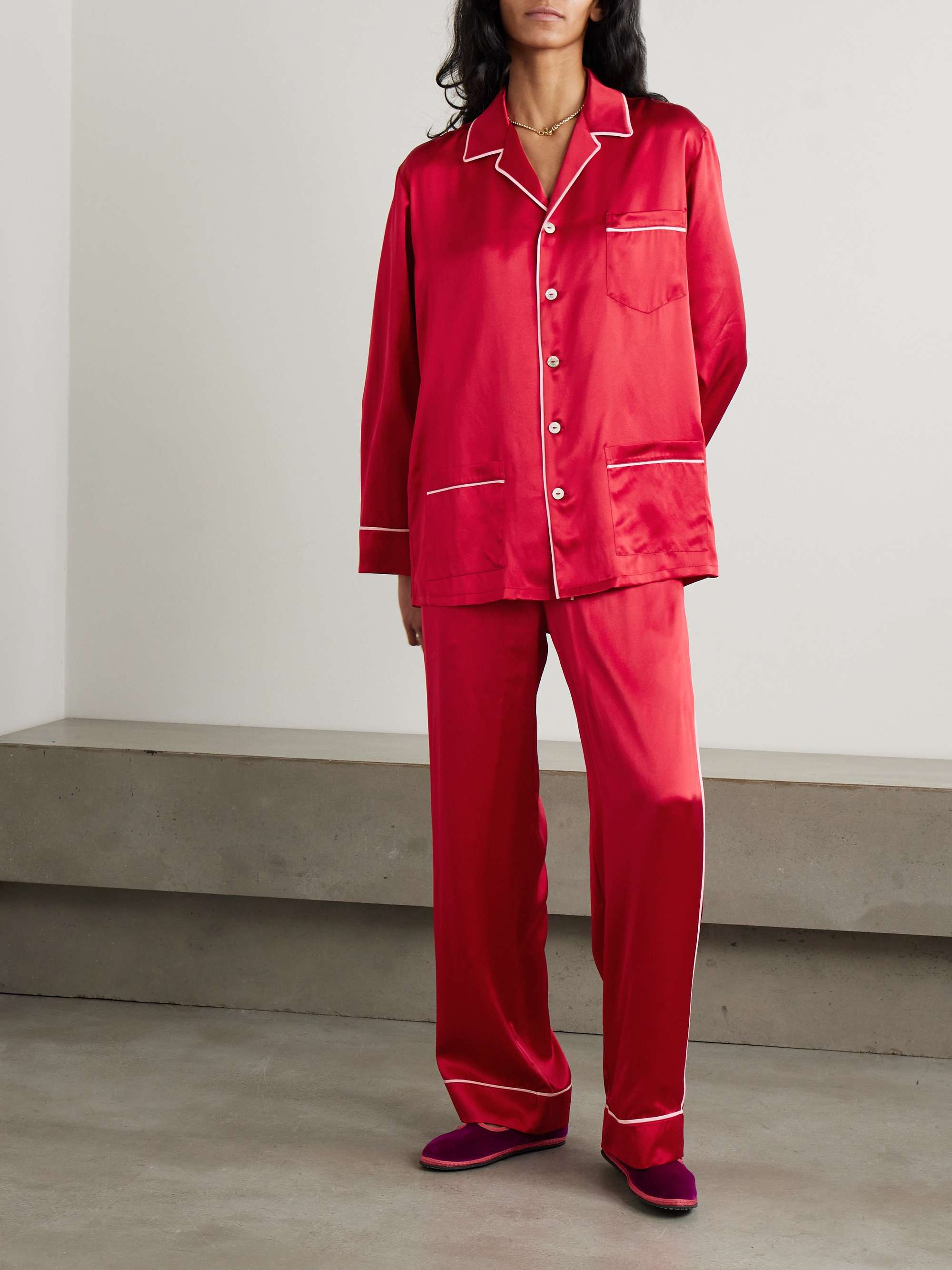 Yves piped silk-satin pajama set view