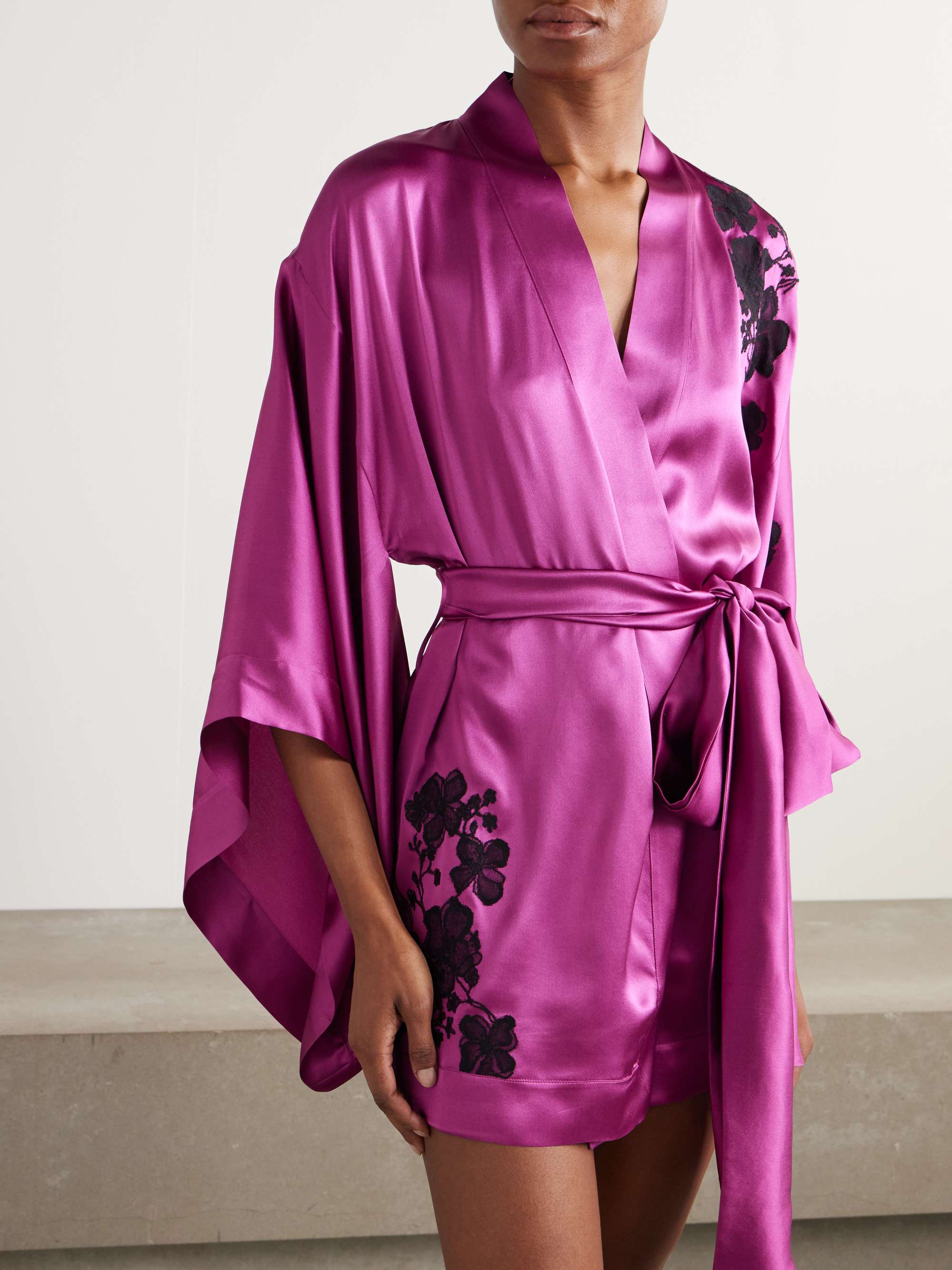 Belted lace-trimmed silk-satin robe view