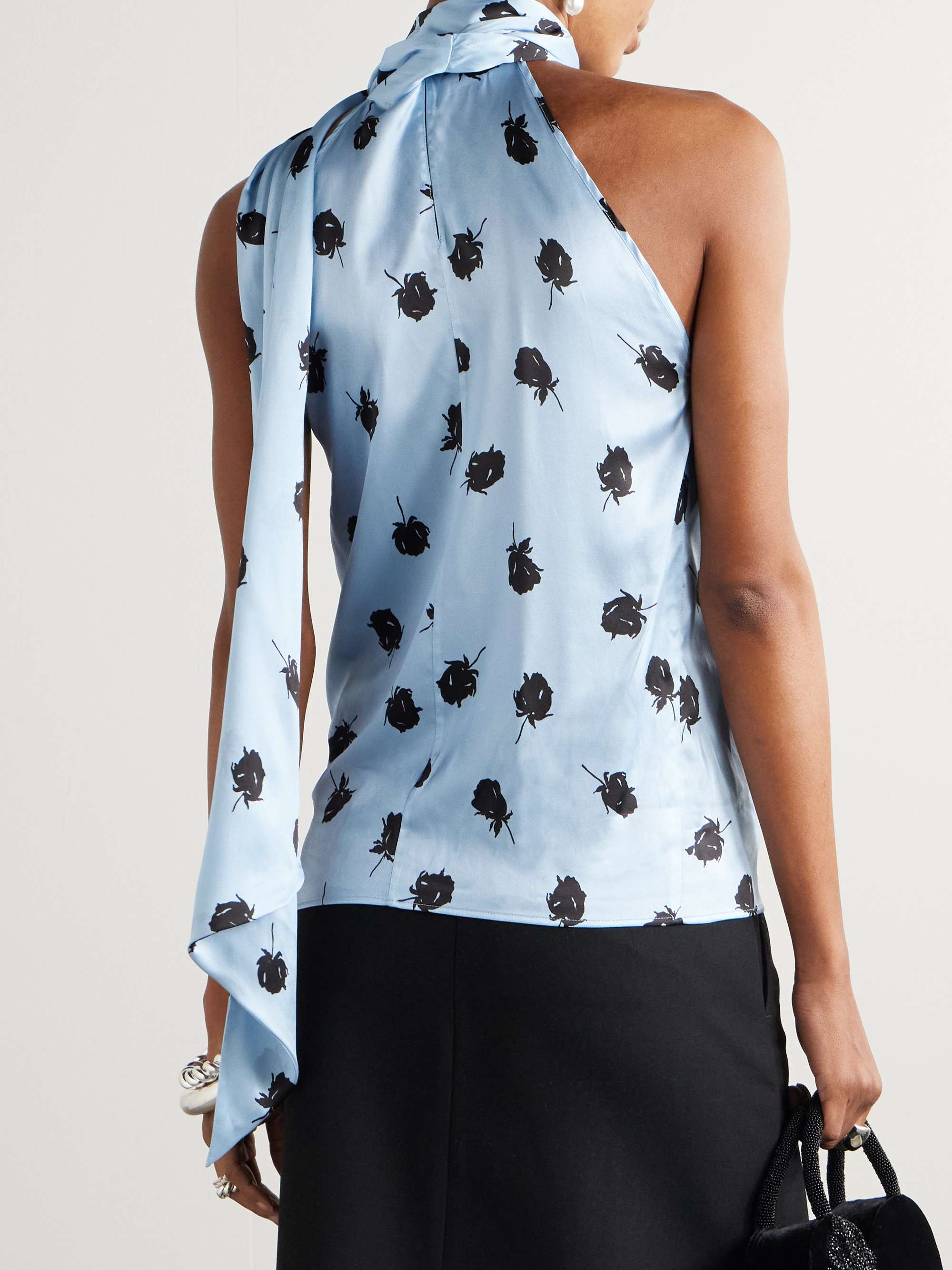 Tie-neck floral-print satin top view