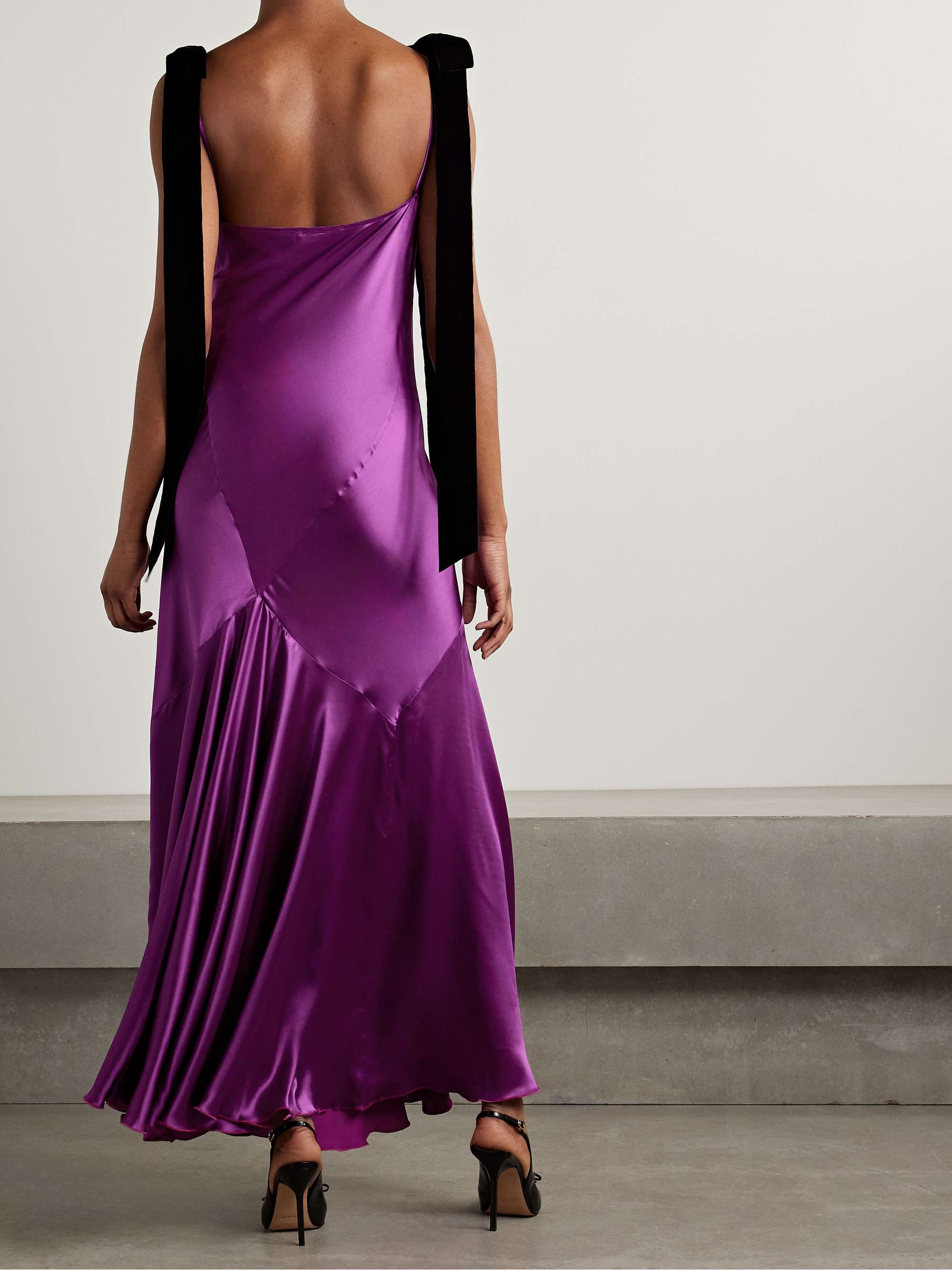 Tie-detailed velvet-trimmed paneled satin maxi dress view