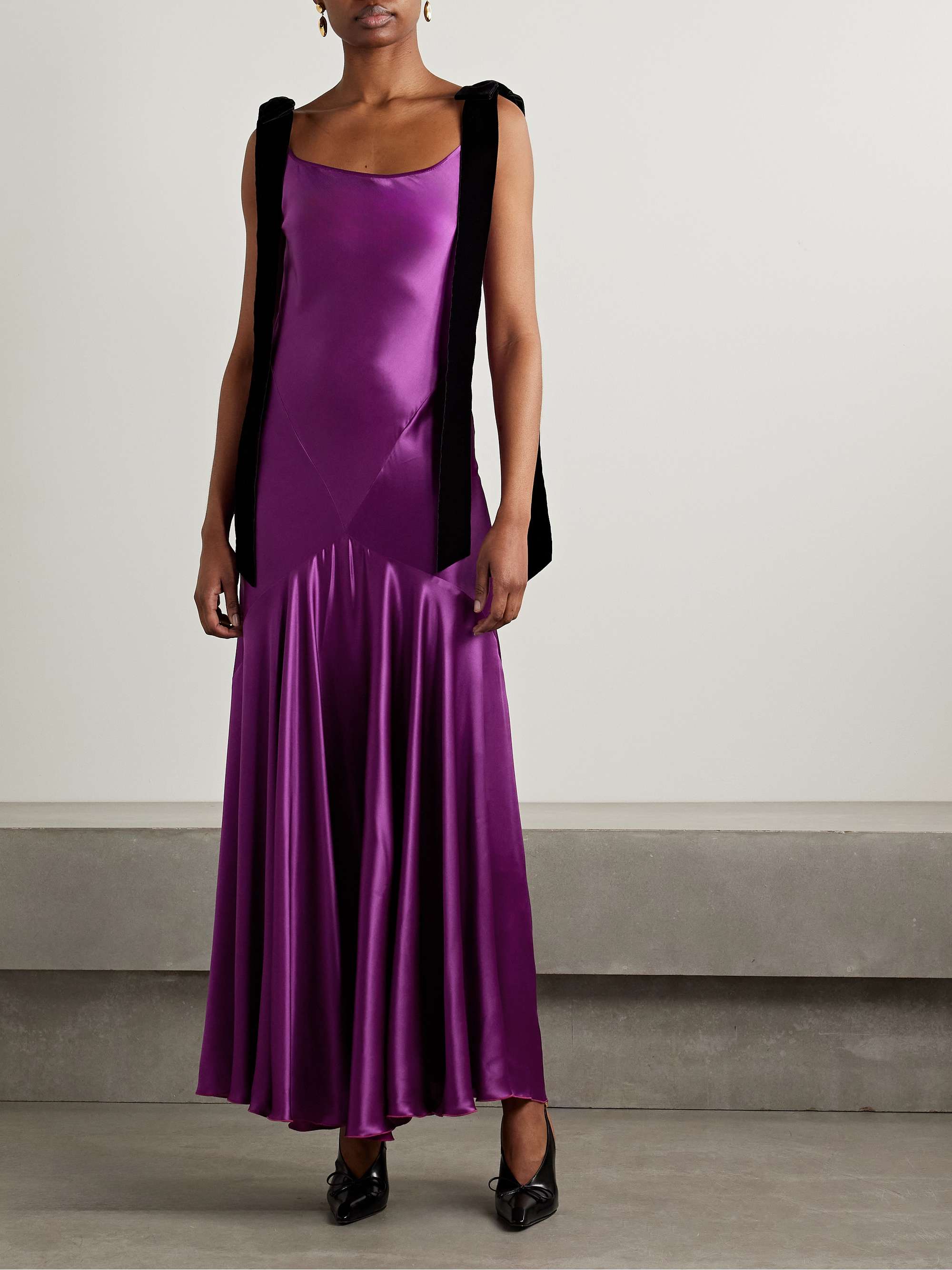 Tie-detailed velvet-trimmed paneled satin maxi dress view