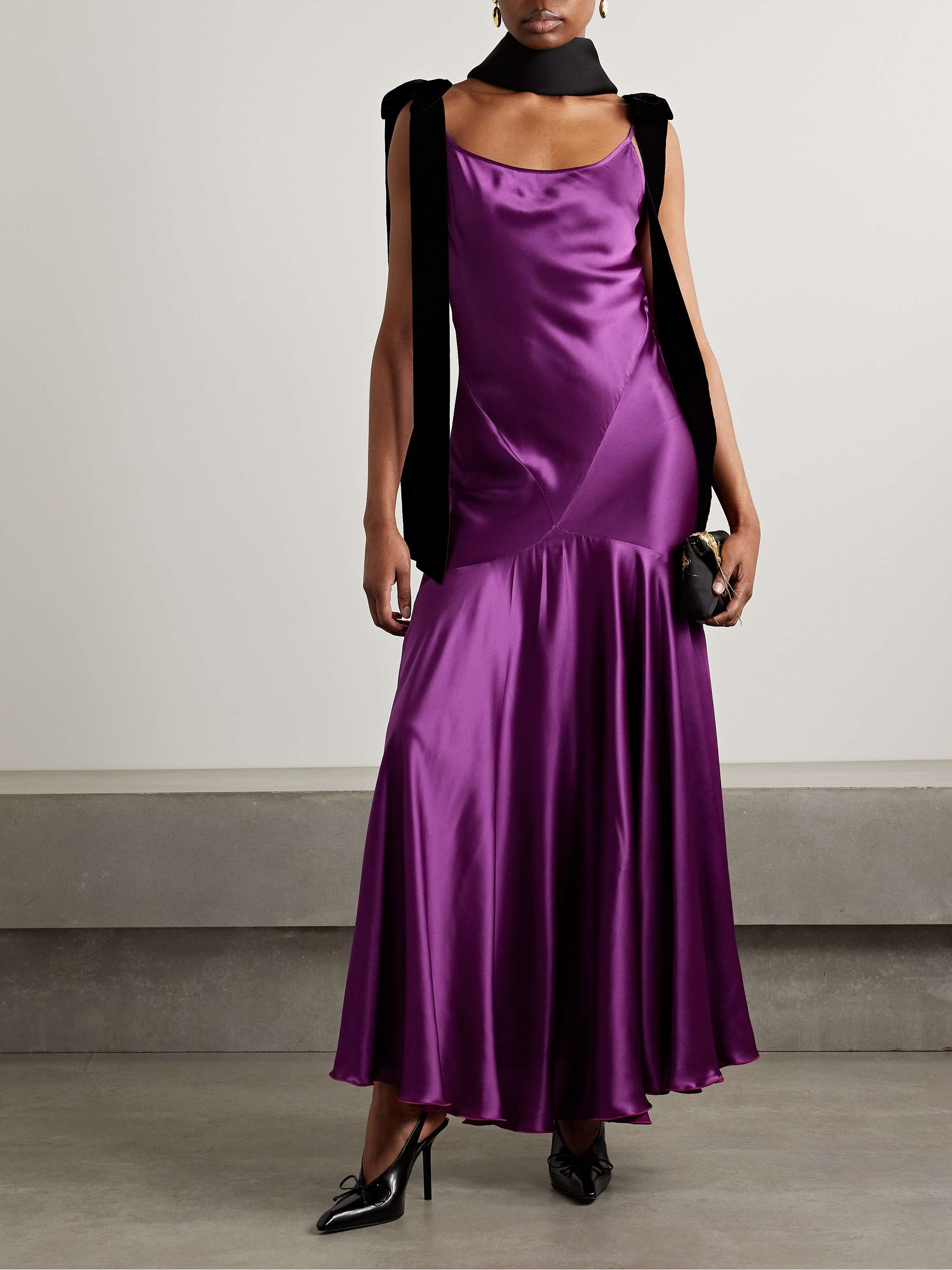 Tie-detailed velvet-trimmed paneled satin maxi dress view