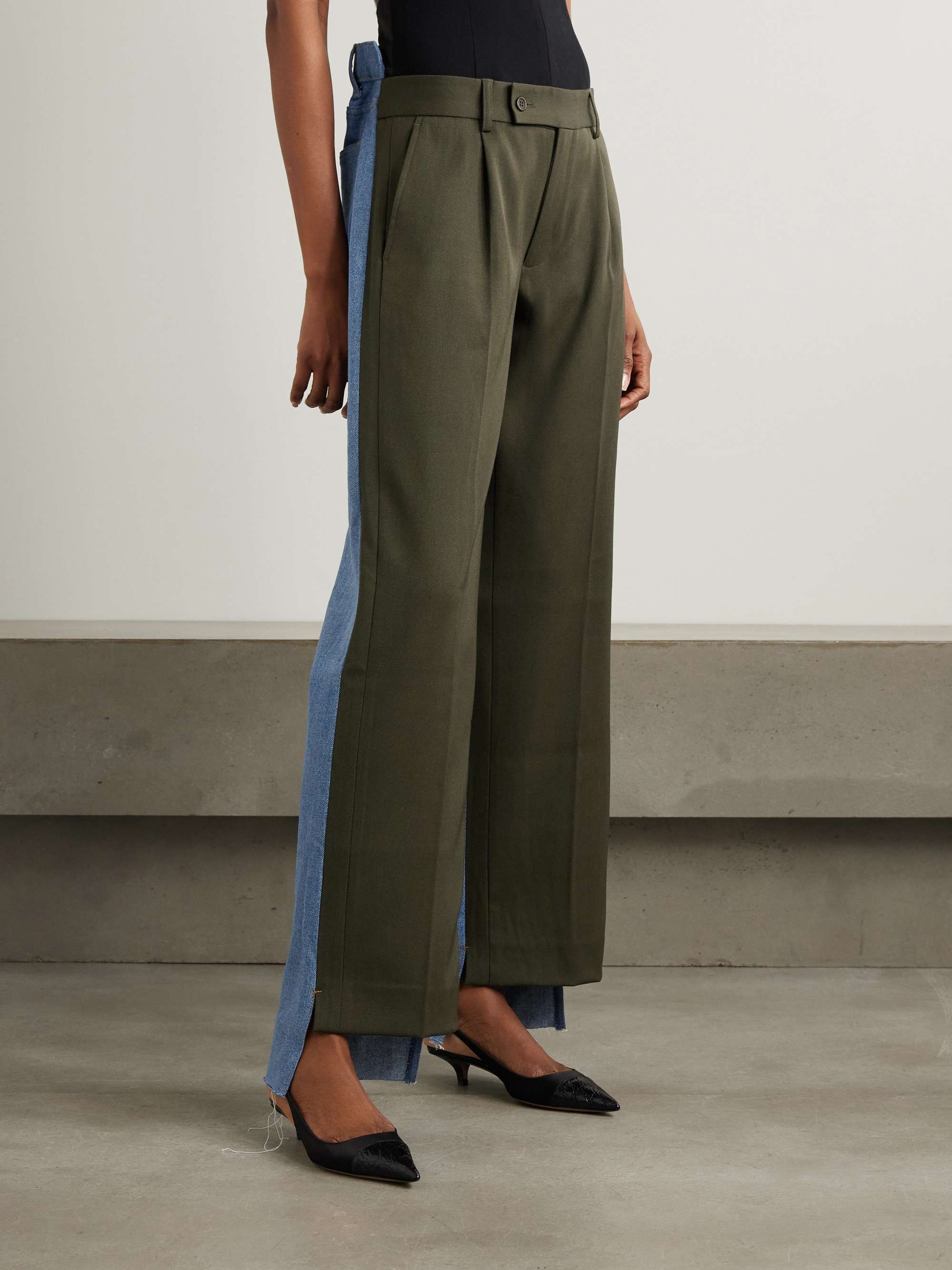 Denitrouser paneled pleated wool-blend and denim pants view