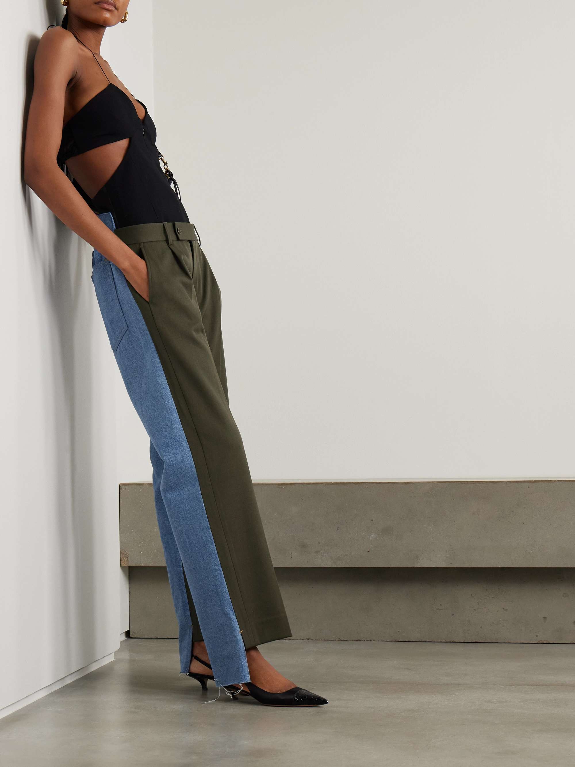 Denitrouser paneled pleated wool-blend and denim pants view