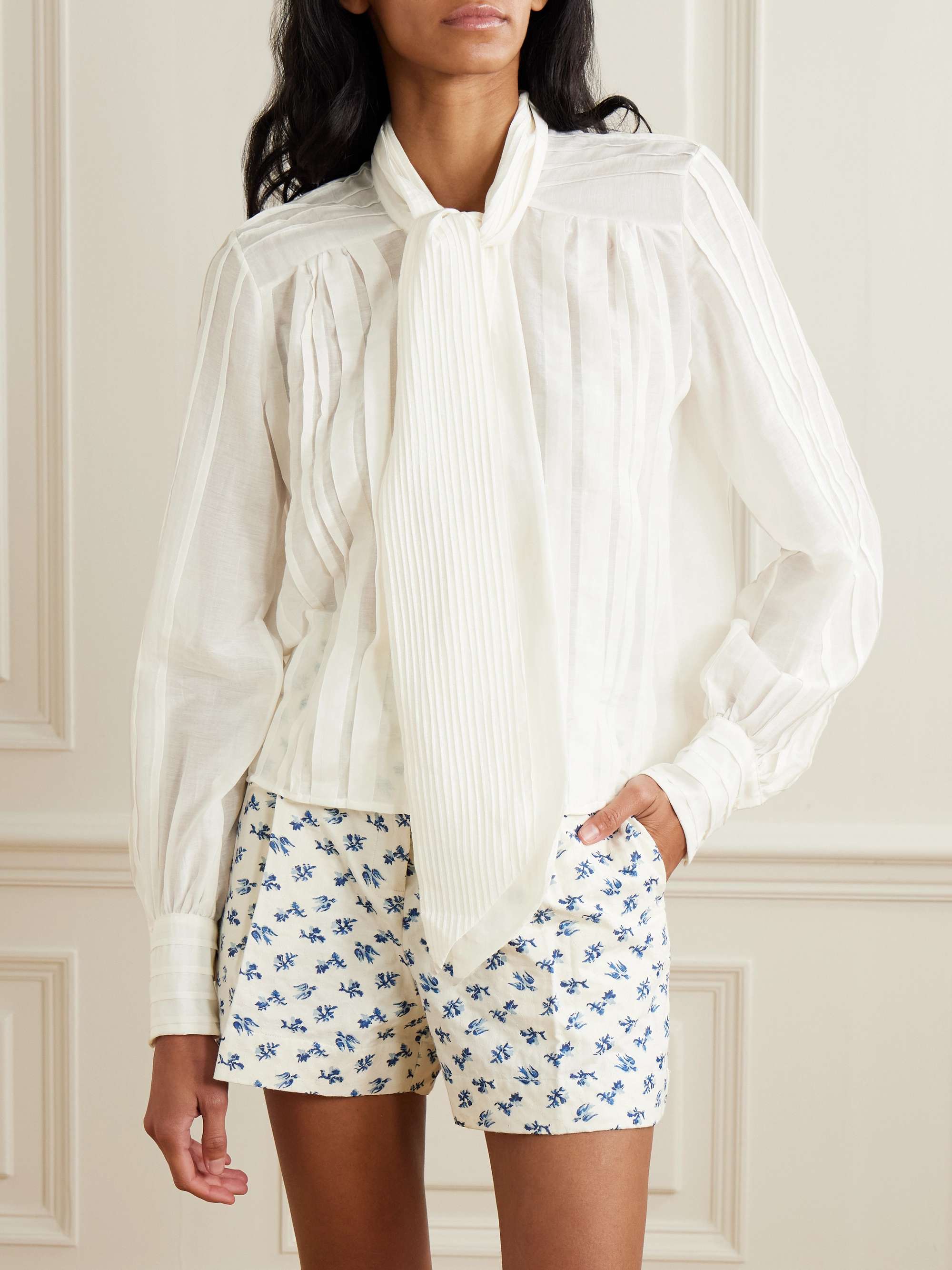 Alba pussy-bow pintucked cotton and silk-blend voile shirt view