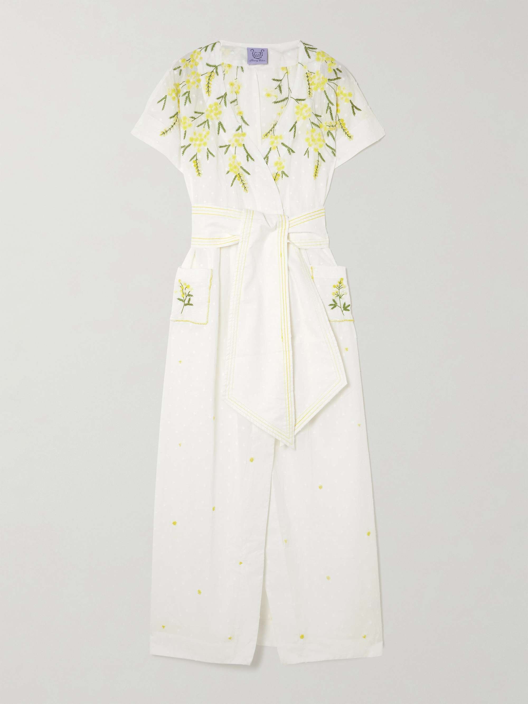 Bead-embellished belted point d'esprit cotton midi wrap dress view