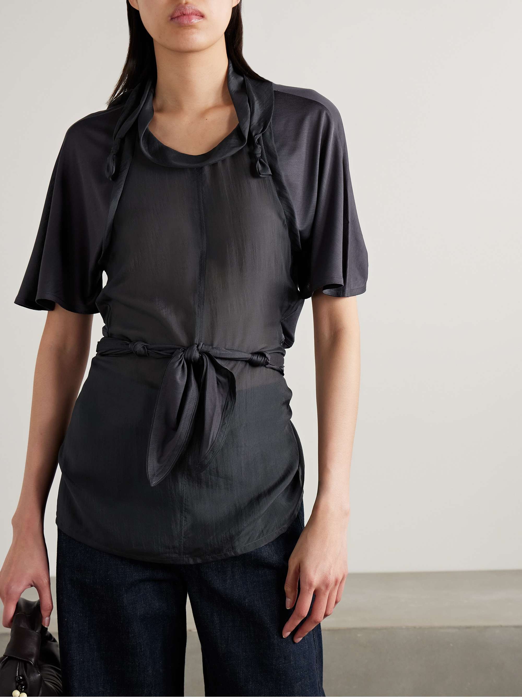 Draped convertible paneled organic silk-chiffon and silk-jersey top view
