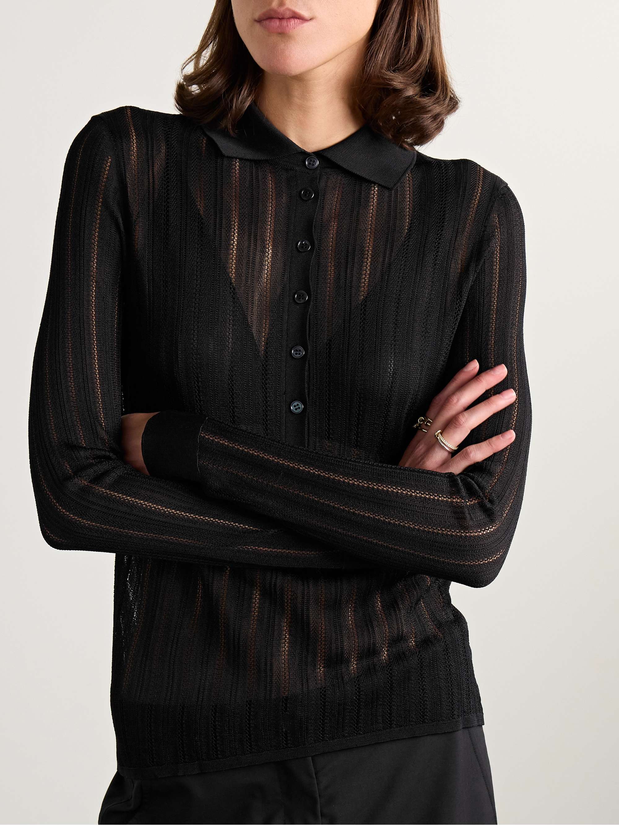 Lydia pointelle-knit mulberry silk polo sweater view