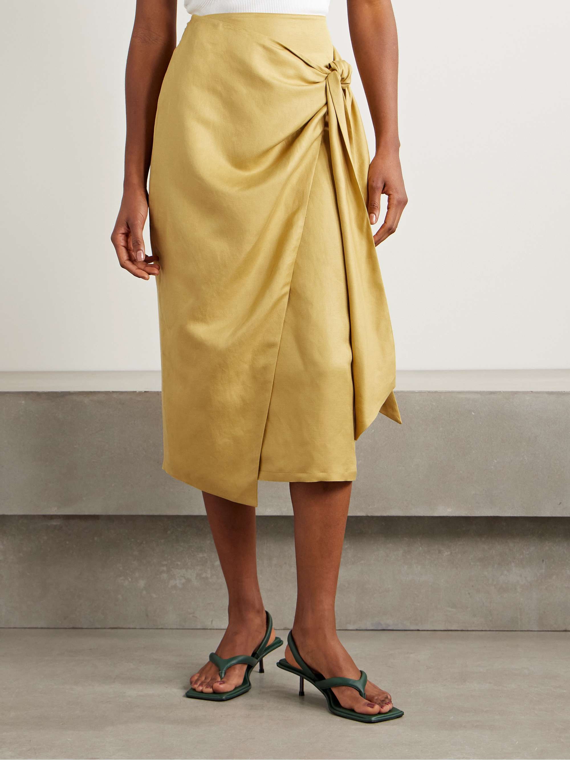 Tequila linen and silk-blend midi wrap skirt view