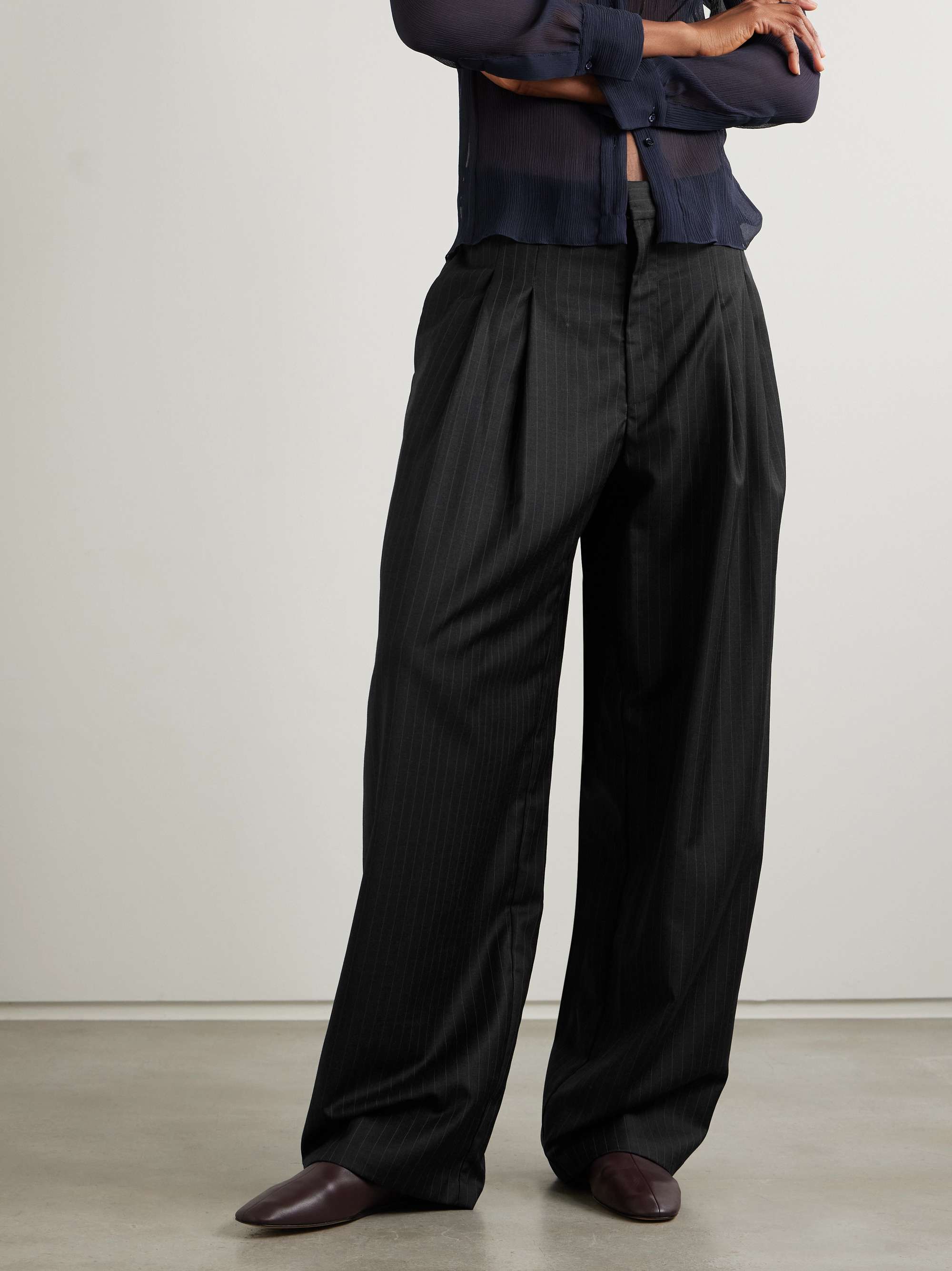 Adjust pleated pinstriped wool-blend wide-leg pants view